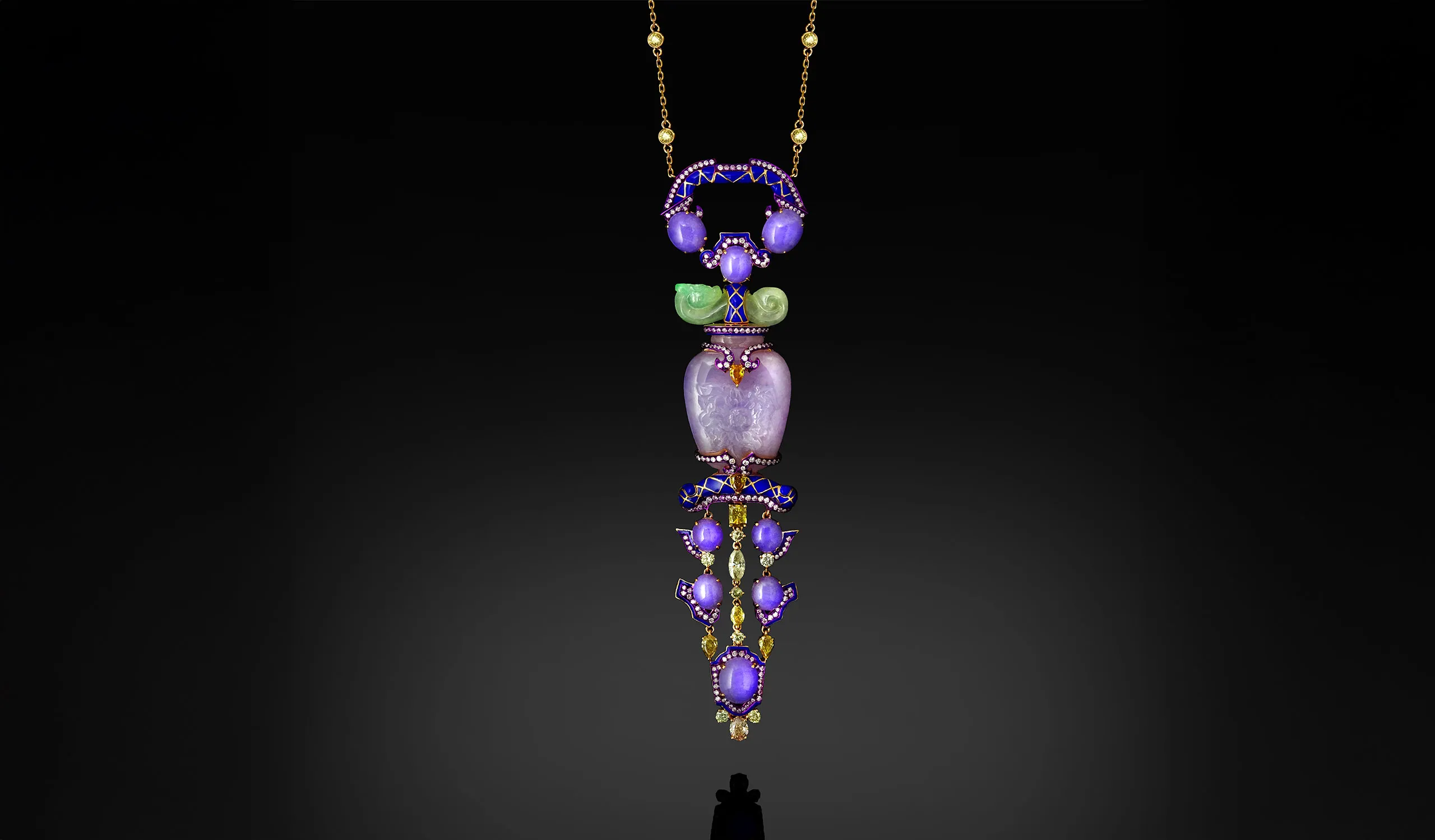 <p>Austy Lee The Purple Kalasha necklace from The Jade Dynasty collection with Burmese white and purple jades, blue enamel, fancy colour diamonds and white diamonds set in 18k rose gold </p>