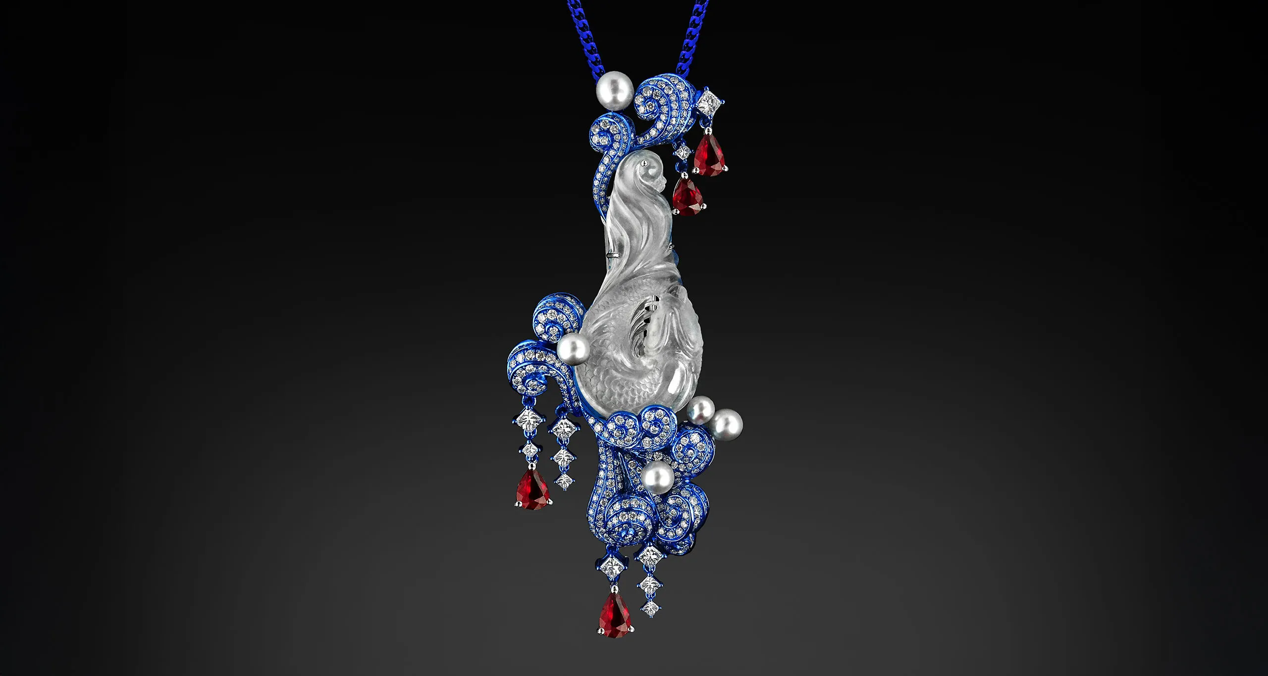 <p>Austy Lee The Carp jumps over the Dragon Gate pendant from The Jade Dynasty collection with Burmese white jade, pearls, Mozambican unheated rubies and white diamonds set in 18k white gold </p>