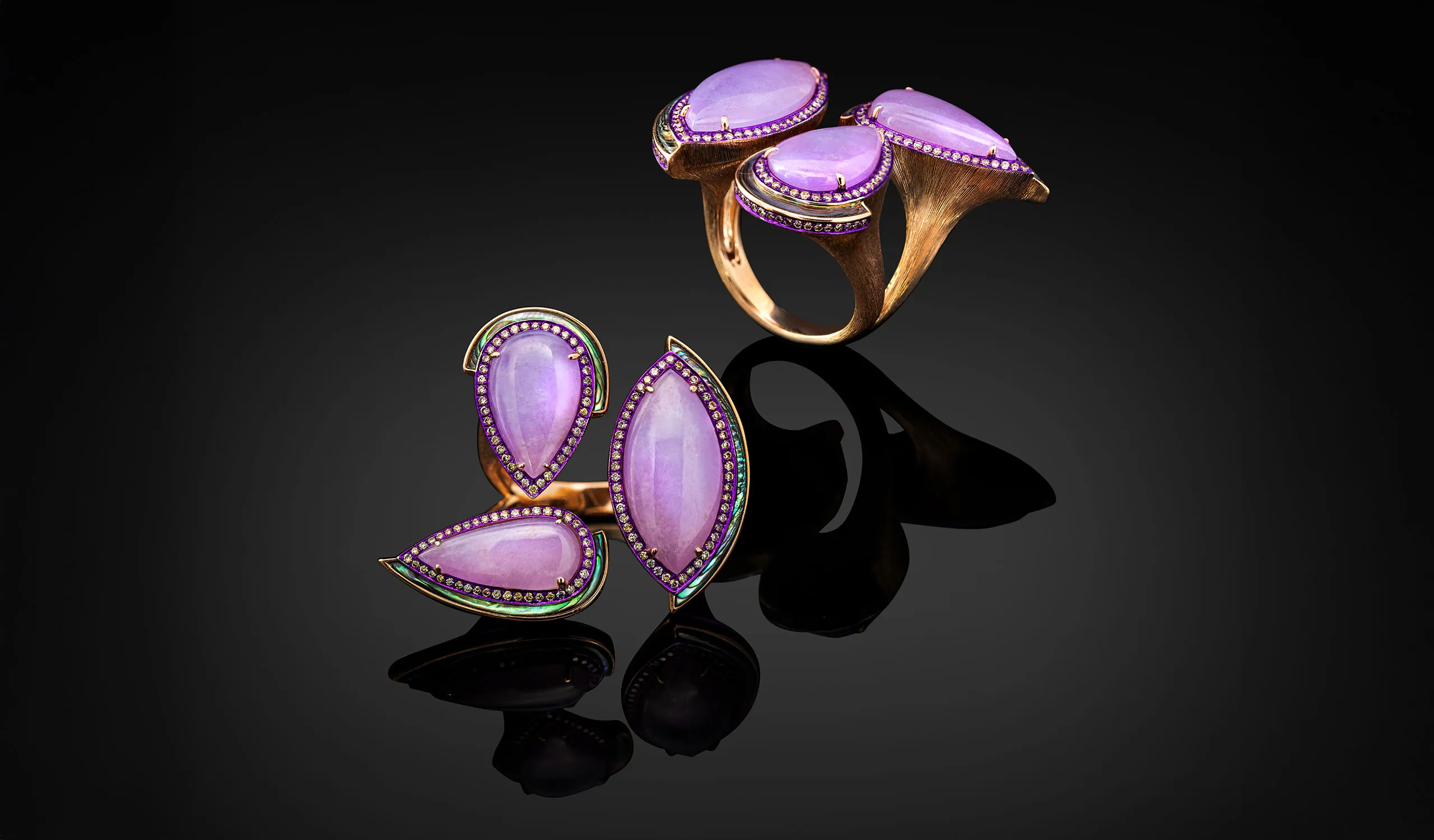 <p>Austy Lee The 3 Oddly-Shape Brothers ring from The Jade Dynasty collection with Burmese purple jades, abalone shells and fancy colour diamonds set in 18k rose gold </p>