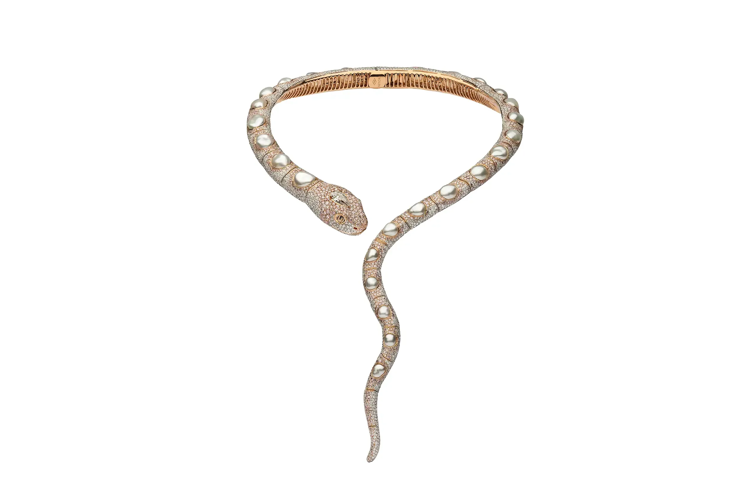 AUTORE's award-winning Enchantress High Jewellery necklace, set with 26 A-grade South Sea Keshi pearls, pink diamonds, white diamonds, rubies, black diamonds and moonstones in 18K rose gold
