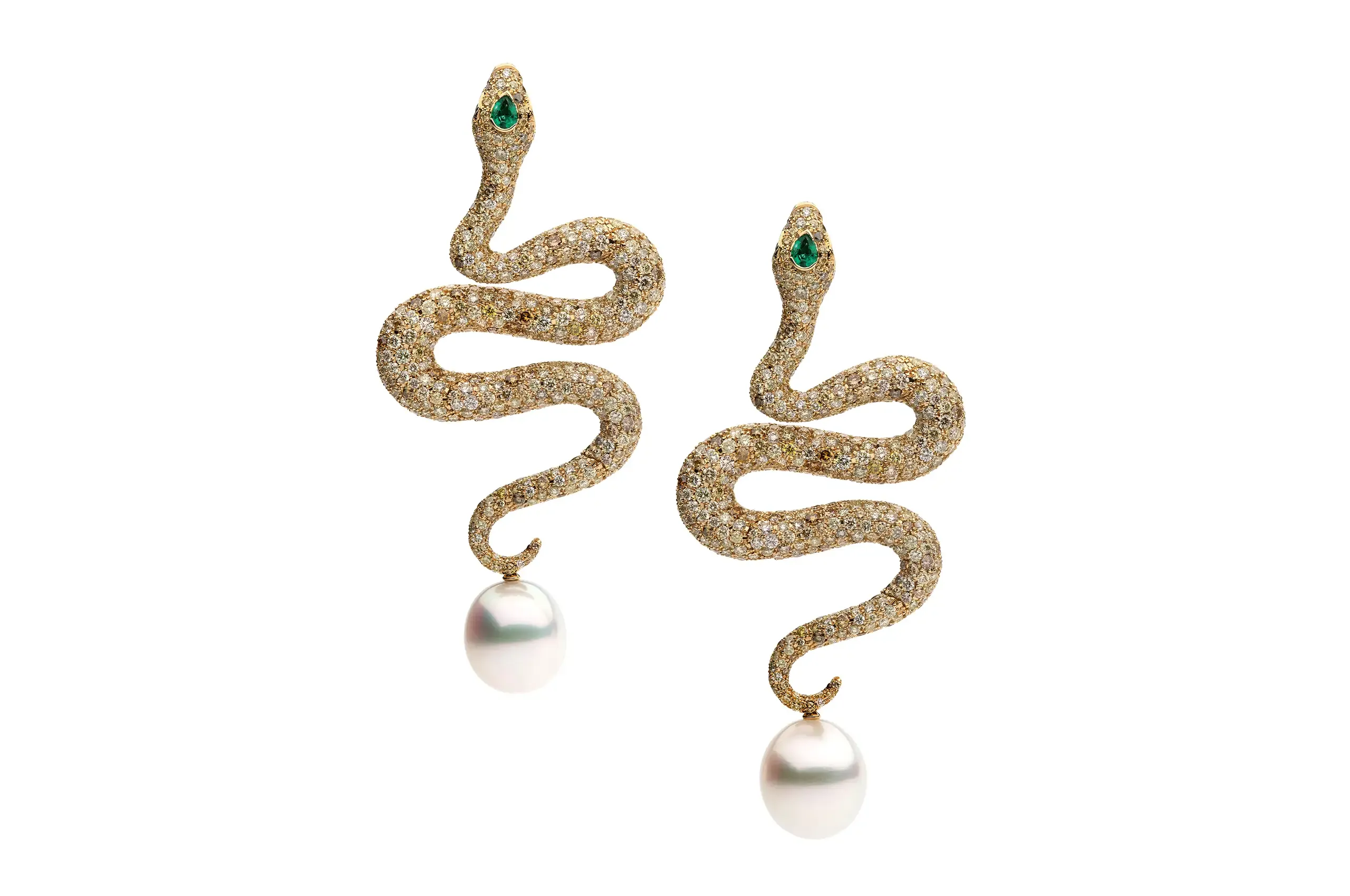 AUTORE Ophidia earrings in 18K yellow gold, set with yellow diamonds, white diamonds, emeralds and South Sea Pearls 