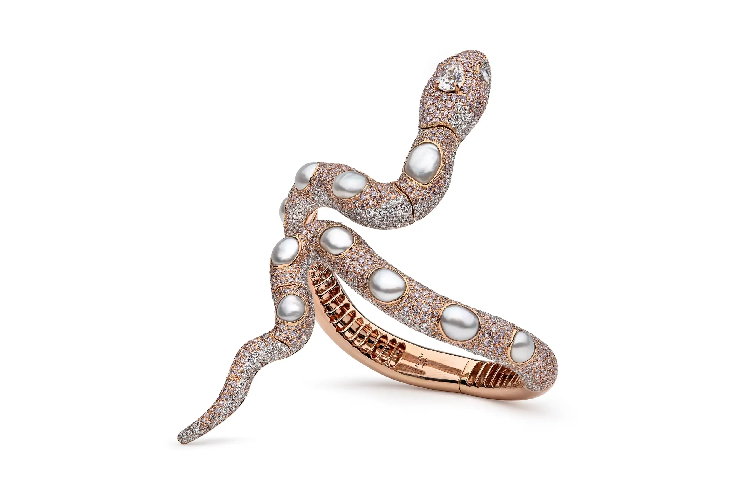 AUTORE Ophidia Enchantress High Jewellery cuff, set with some of AUTORE’s finest South Sea Keshi pearls in 18K rose gold