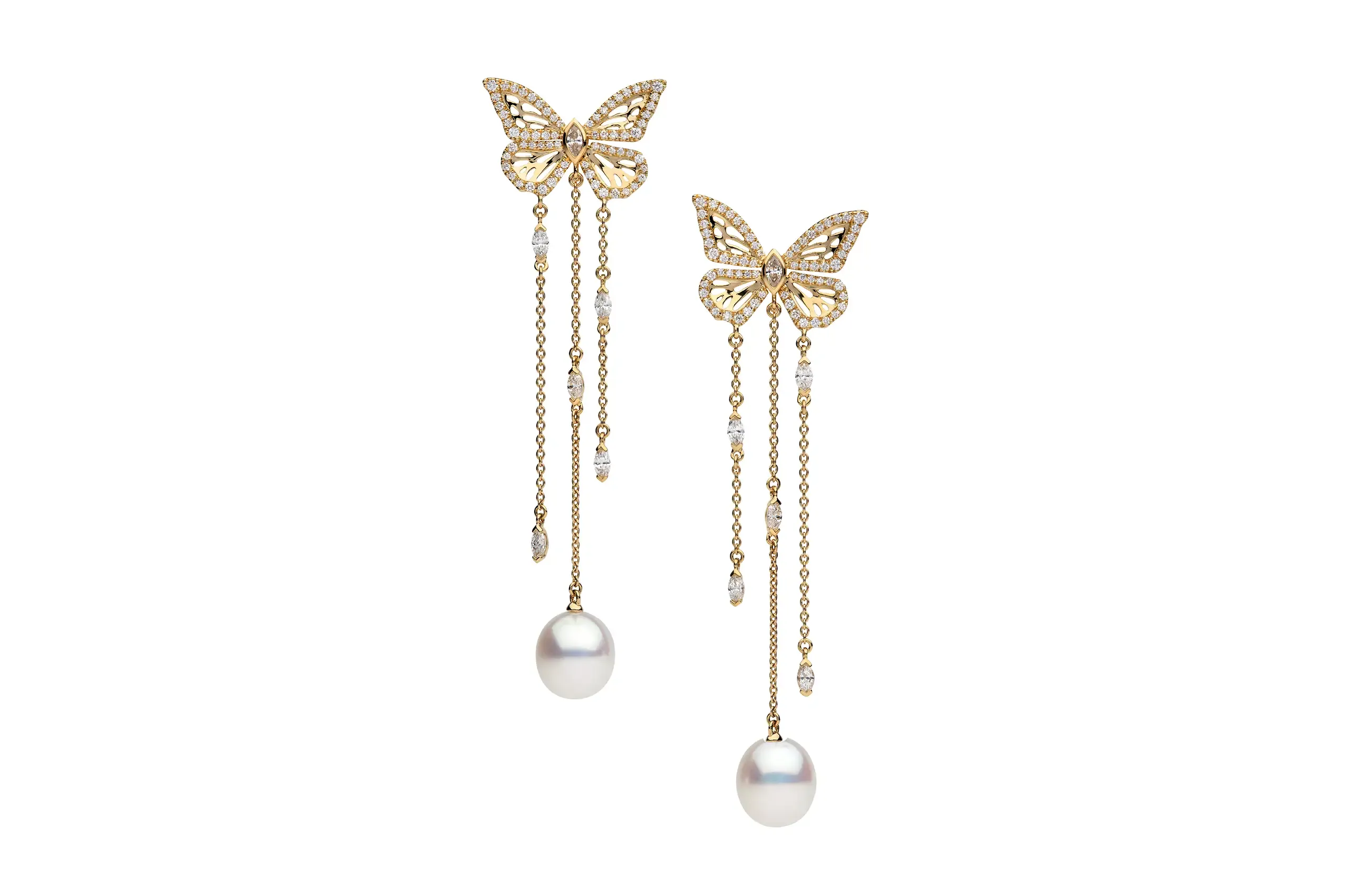 AUTORE Papillon 3-Chain drop earrings featuring white South Sea pearls suspended from diamond-set butterflies in 18K yellow gold