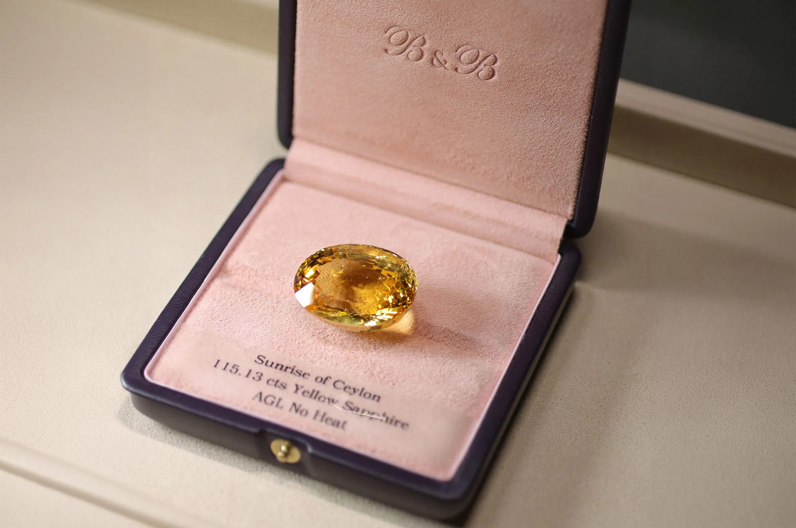 <p>A 115.13ct unenhanced Sunrise of Ceylon yellow sapphire at B&B Fine Gems</p>