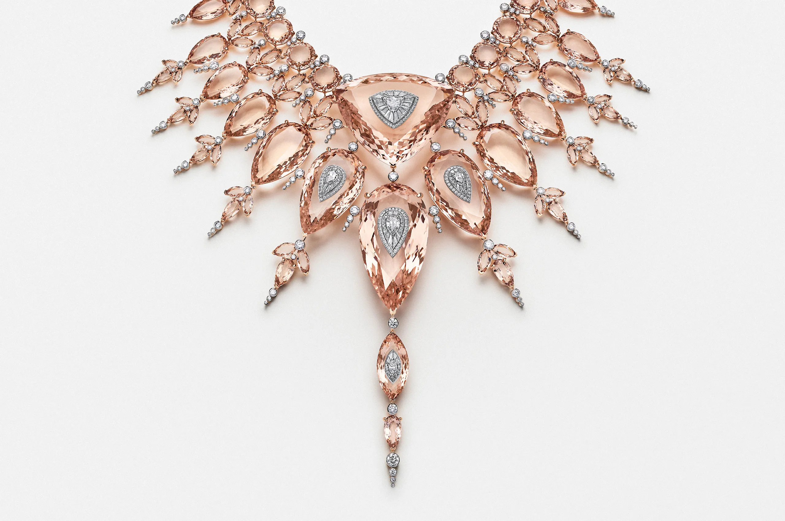Boucheron Light necklace with a 1.34-carat D-colour, internally flawless trilliant-cut diamond, 1,547 carats of morganite, and diamonds in pink gold and platinum from the Human Being Carte Blanche High Jewellery collection
