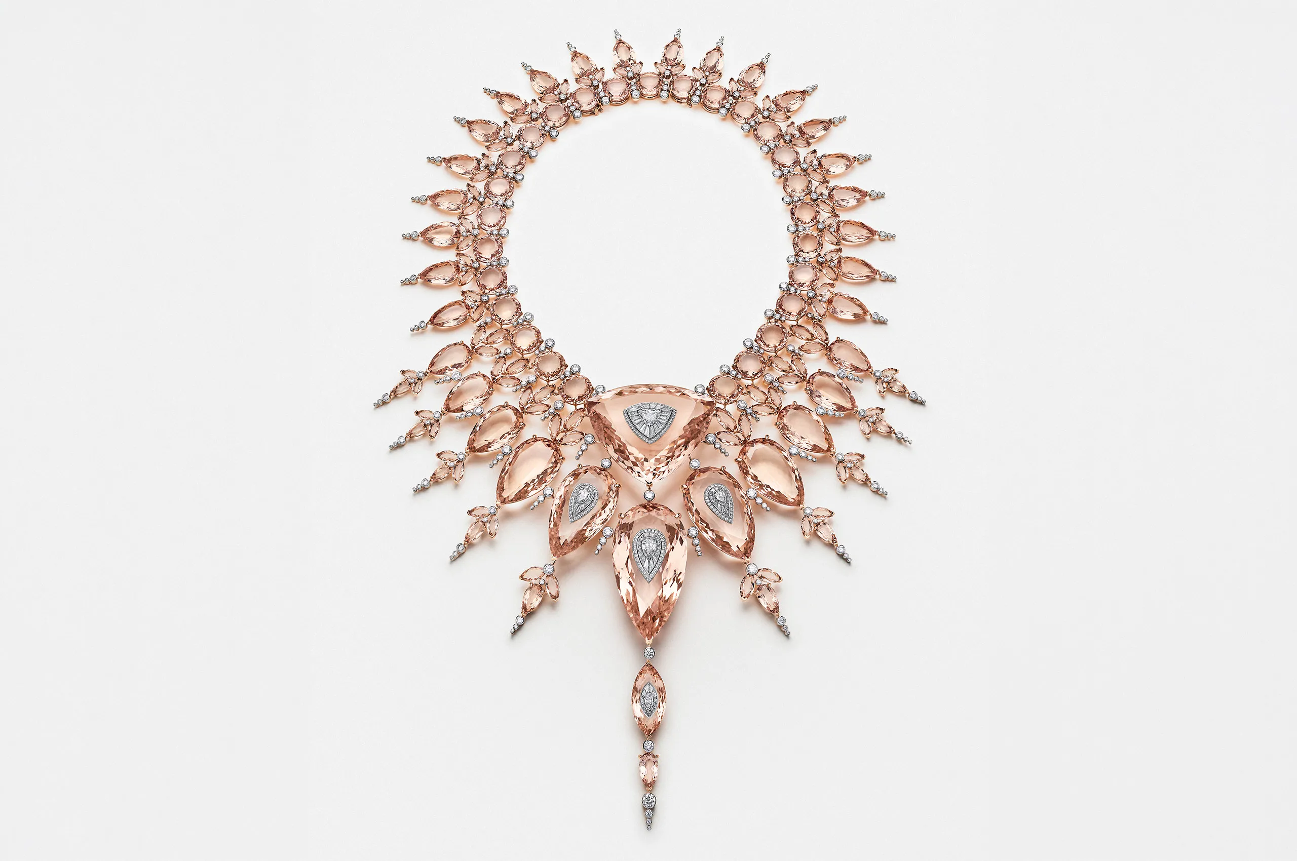 The complete Boucheron Light necklace with a 1.34-carat D-colour, internally flawless trilliant-cut diamond, 1,547 carats of morganite, and diamonds in pink gold and platinum from the Human Being Carte Blanche High Jewellery collection