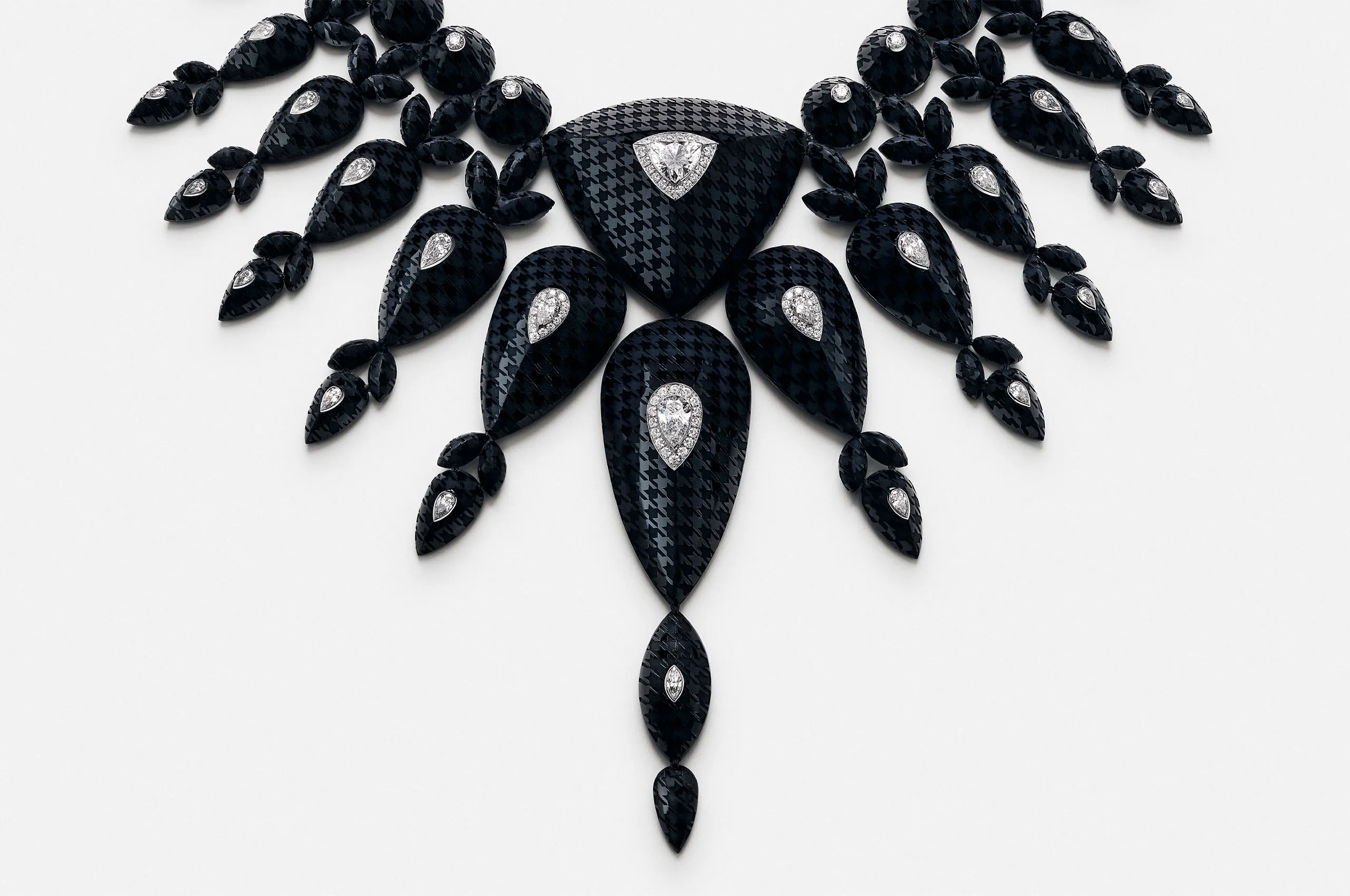Boucheron Checkers necklace with a 2.63-carat D-colour VVS1 trilliant-cut diamond, 1,535 carats of onyx and further diamonds in white gold from the Human Being Carte Blanche High Jewellery collection