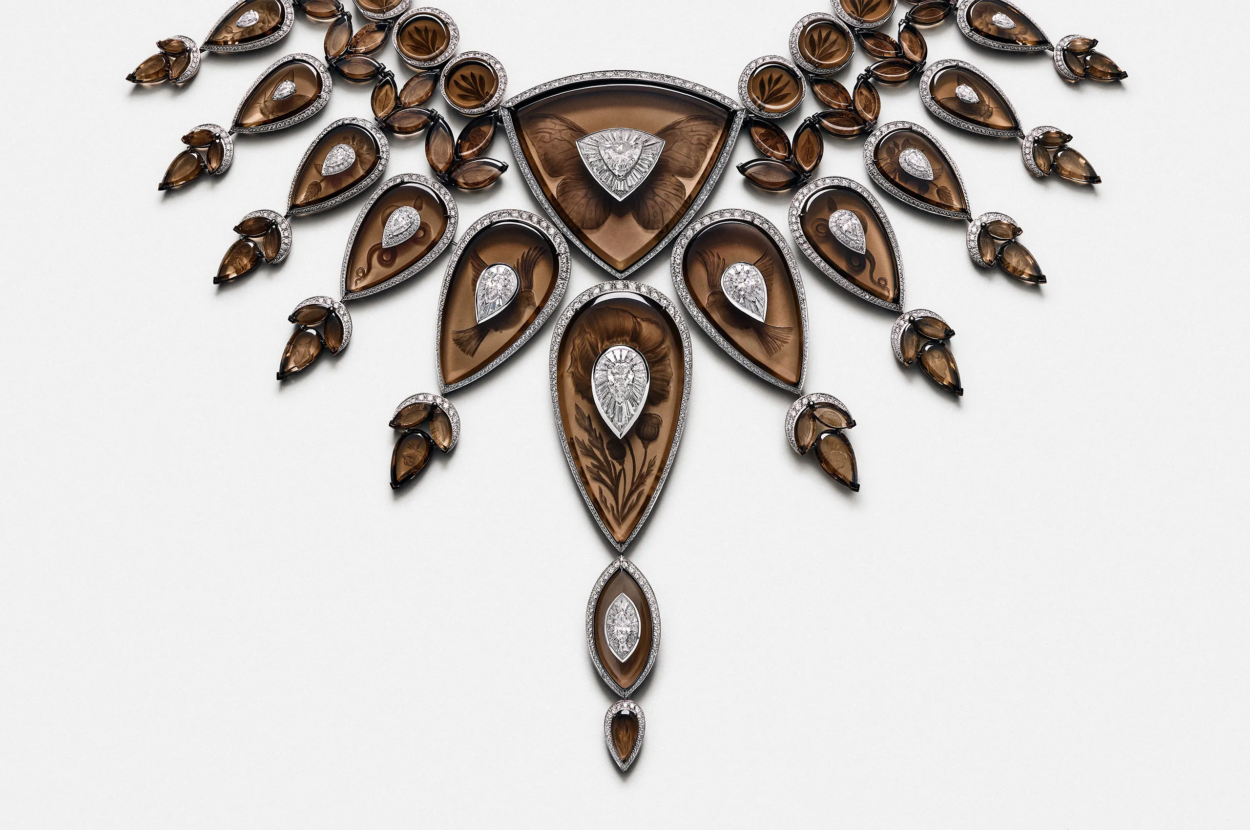 Boucheron Tattoo necklace with a 1.74-carat D-colour, VVS1 trilliant-cut diamond, 580 carats of smoky quartz, and further diamonds in white gold from the Human Being Carte Blanche High Jewellery collection