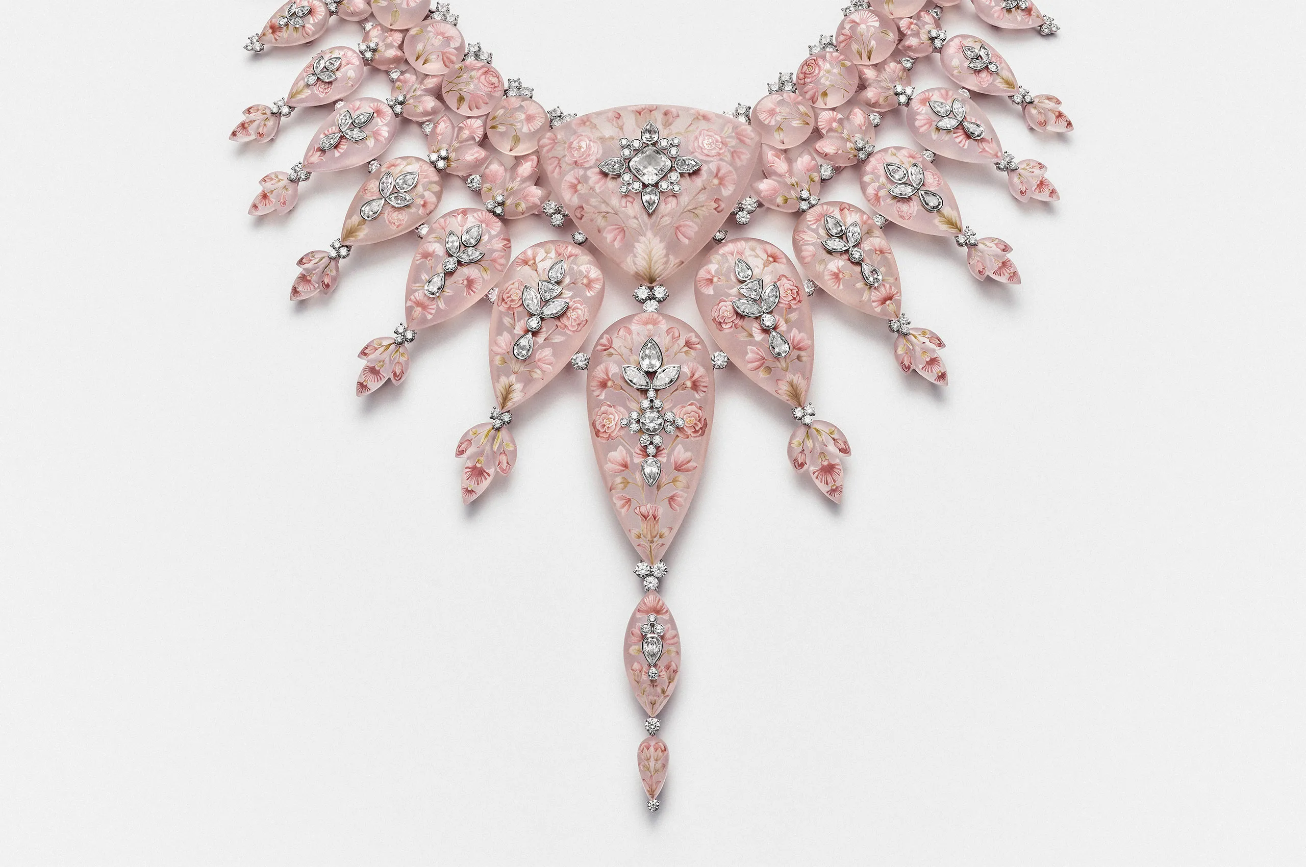 Boucheron Flower necklace with a 3.26-carat, D-colour, VVS1 cushion-cut diamond, 1,532 carats of pink quartz, and further diamonds in pink gold, white gold and platinum from the Human Being Carte Blanche High Jewellery collection