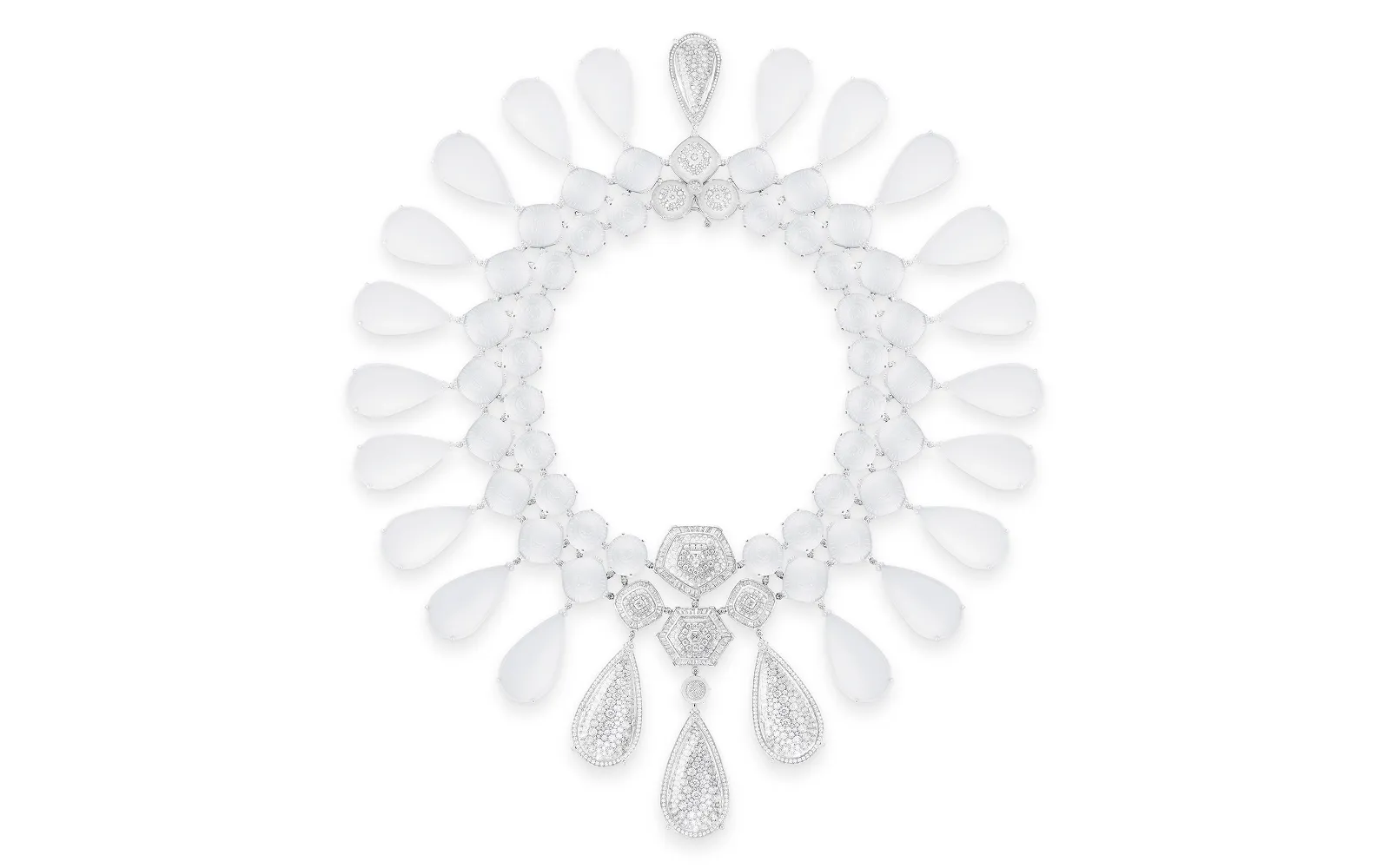 <p>Boucheron&#8217;s Iceberg necklace from the 2024 Or Bleu High Jewellery collection, set with sandblasted rock crystal drops</p>
