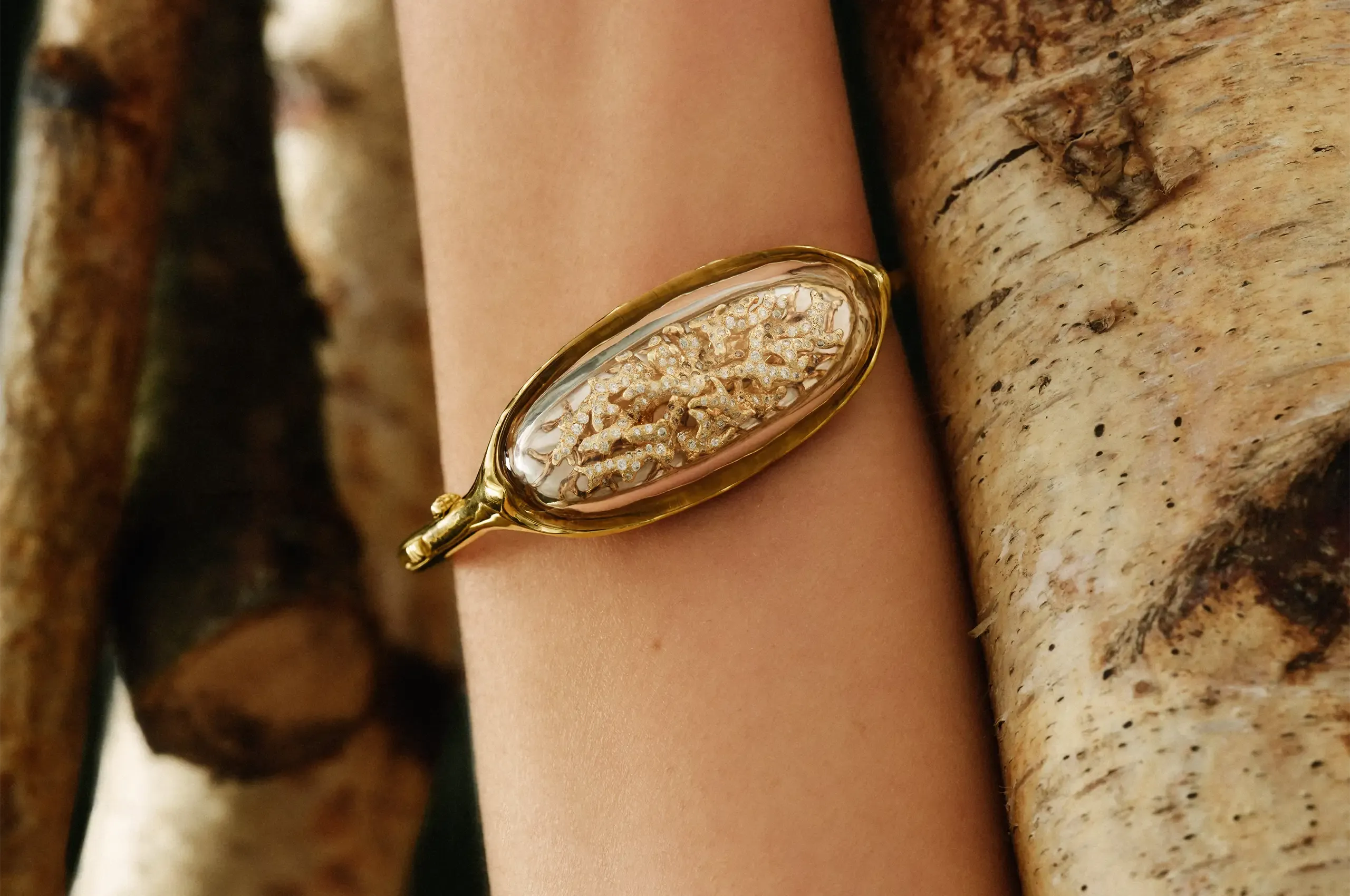 The Terrarium bangle with a transparent rock crystal dome