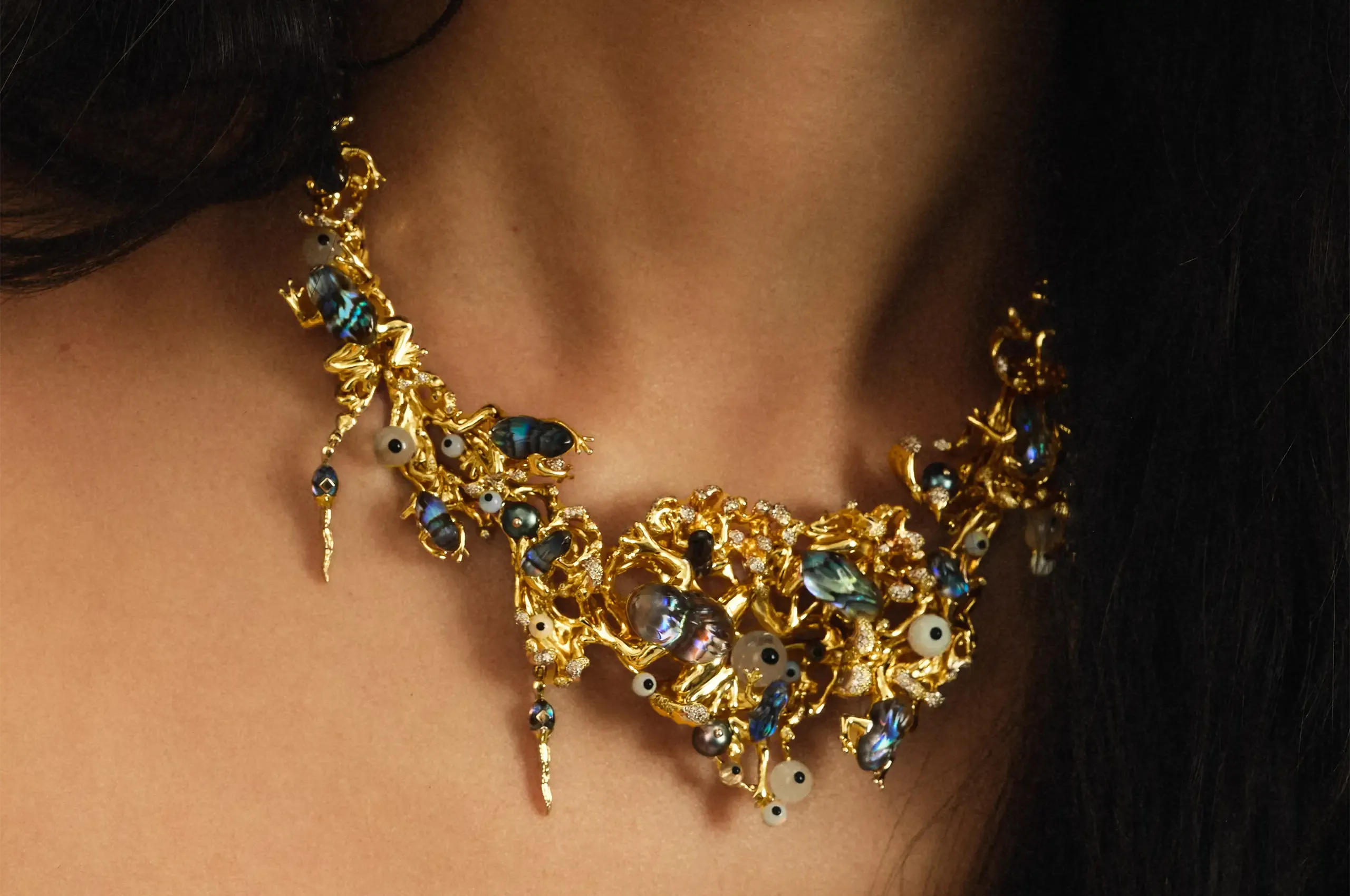 Bibi van der Velden's one-of-a-kind Big Frog Necklace creates a writhing miniature pondscape of frogs, tadpoles, diamonds and gemstones around the neck