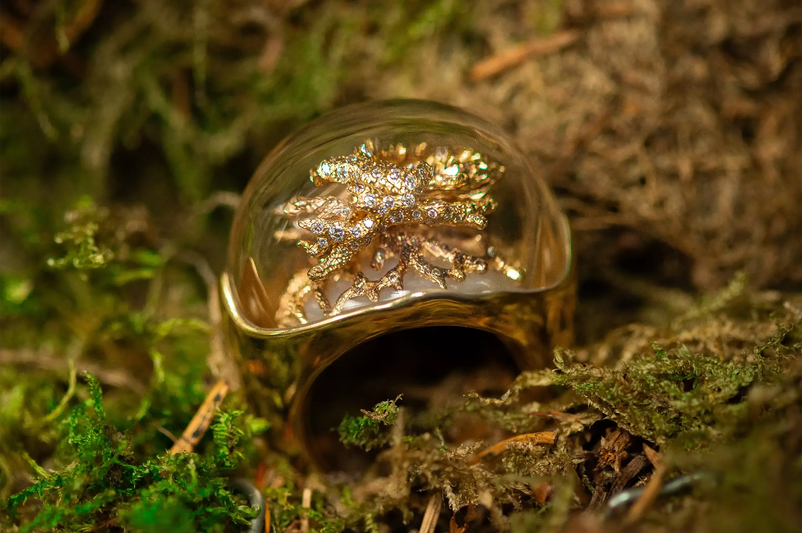 Bibi van der Velden Terrarium ring in 18K yellow gold with brown and white diamonds, rock crystal and mother of pearl