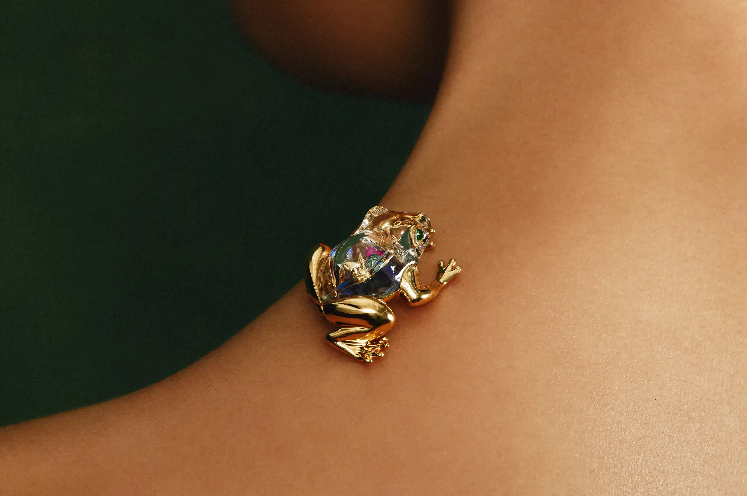 Bibi van der Velden Enchanted Forest Frog brooch in 18K yellow gold with tsavorite, ruby, tourmaline, rock crystal and abalone