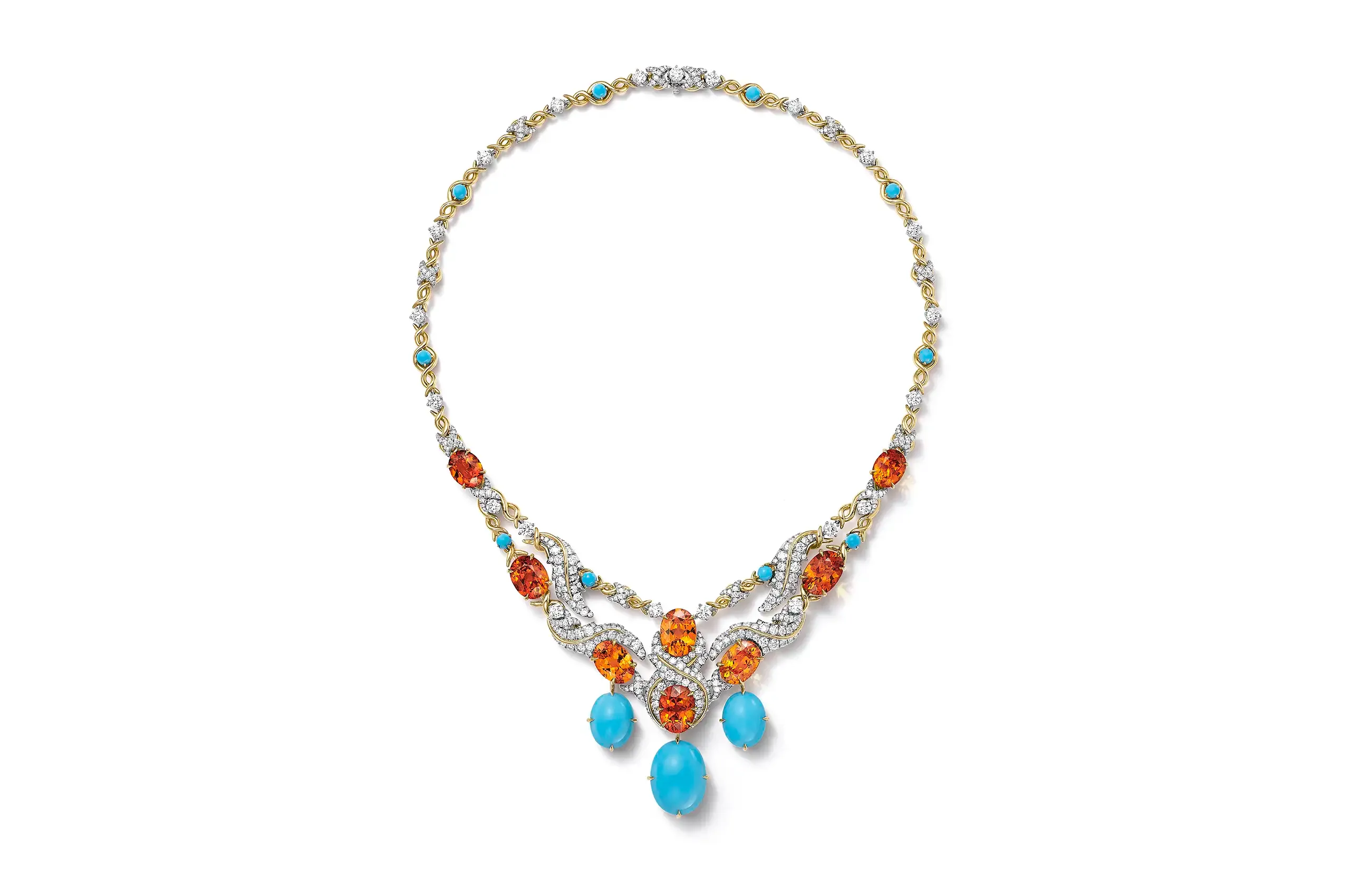 Tiffany & Co. Blue Book Hanging Fruit necklace with eight oval unenhanced spessartines of 37.58 carats, three oval turquoise, cabochon turquoise accents and diamonds