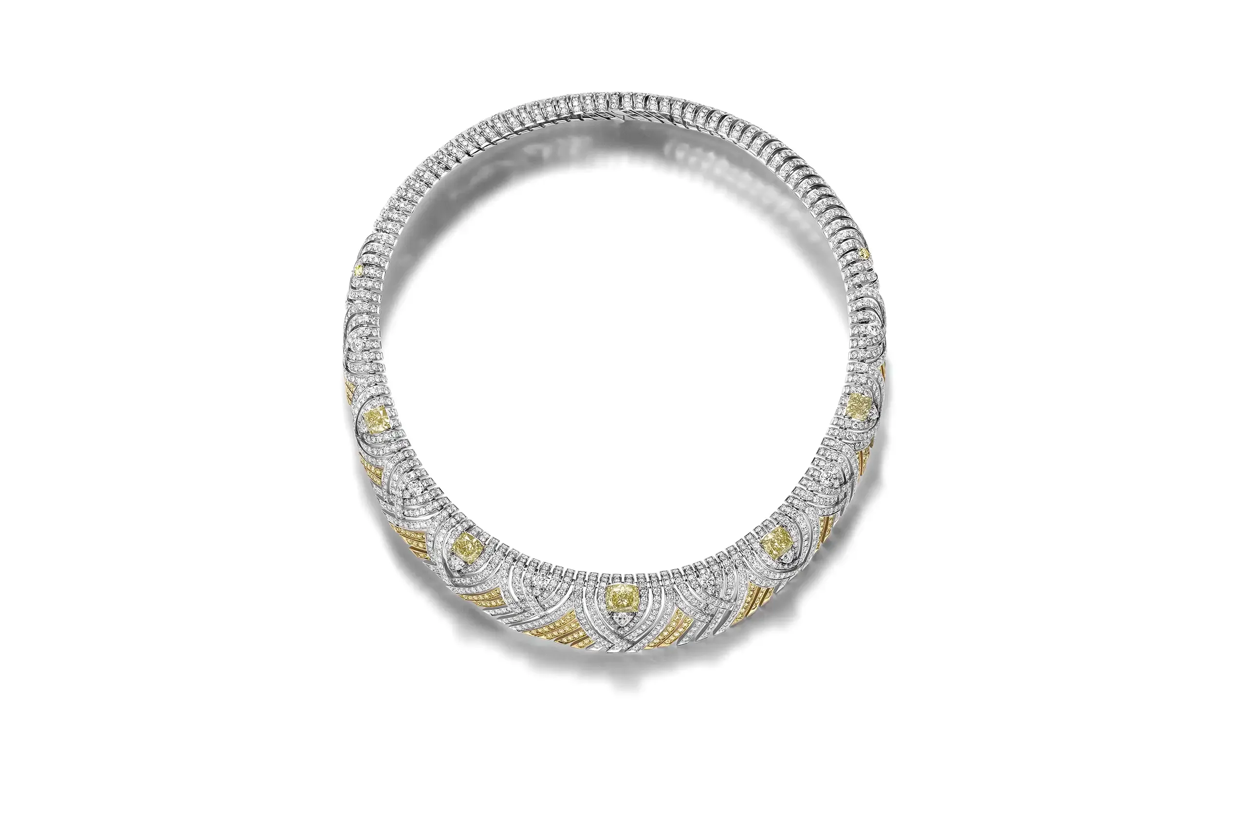 Tiffany & Co. Blue Book Nest necklace, set with with five Fancy Yellow cushion-cut diamonds of 10.42 carats, trillion and round white diamonds, and round yellow diamond accents