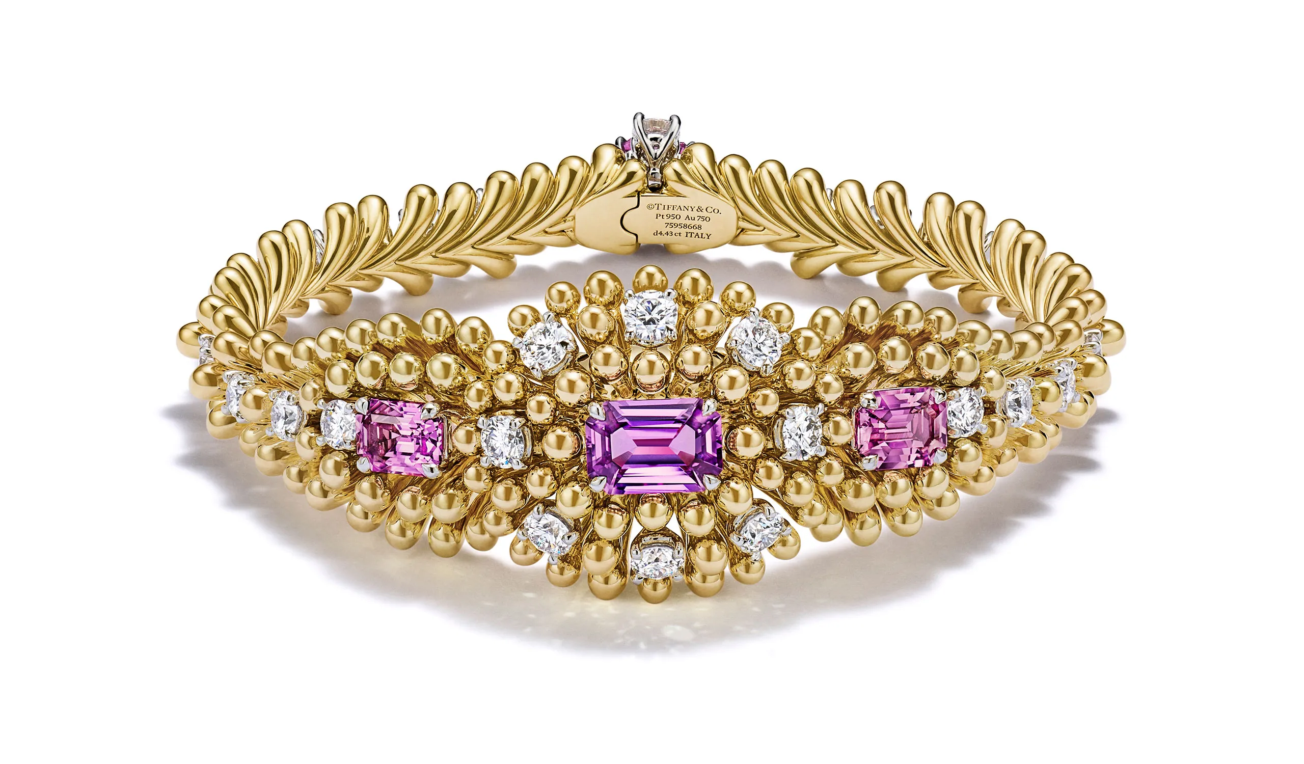 <p>Tiffany &amp; Co. Blue Book Hidden Garden Bloom bracelet in platinum and 18k yellow gold with three unenhanced emerald-cut pink sapphires of 5.02ct, an unenhanced emerald-cut purple sapphire of 1.35ct and diamonds<span style="display: inline-block; width: 0px; overflow: hidden; line-height: 0;" data-mce-type="bookmark" class="mce_SELRES_start">﻿</span></p>
