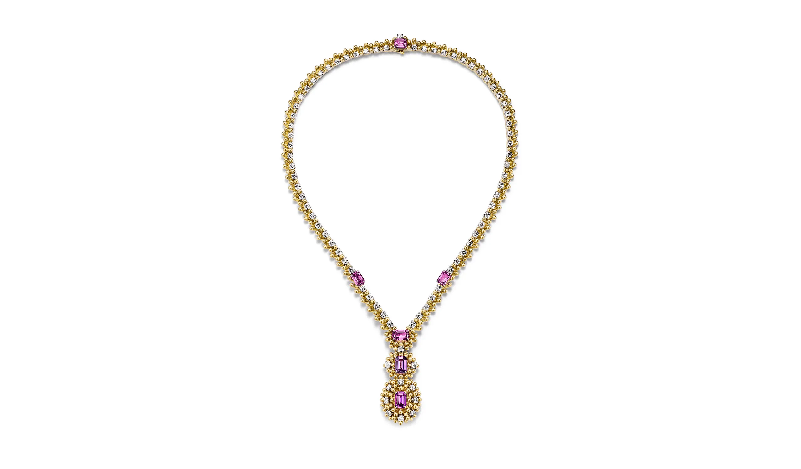 <p>Tiffany &amp; Co. Blue Book Hidden Garden Bloom necklace in platinum and 18k yellow gold with five unenhanced emerald-cut pink sapphires of 10.37ct, a 2.46ct unenhanced emerald-cut purple sapphire and diamonds</p>
