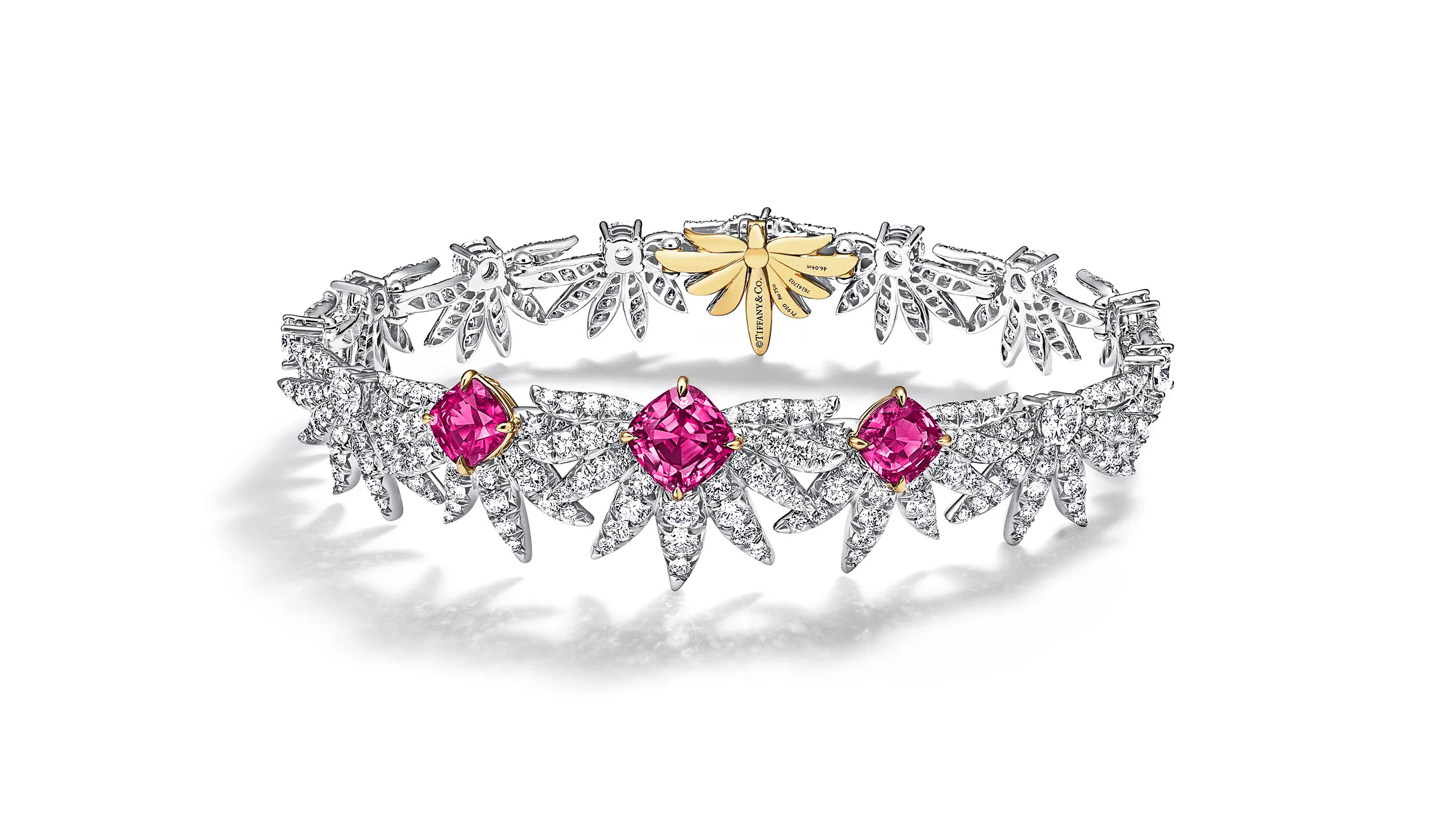 <p>Tiffany &amp; Co. Blue Book Hidden Garden Marguerite bracelet in platinum and 18k yellow gold with three unenhanced cushion-cut pink sapphires of 3.83ct and diamonds</p>
