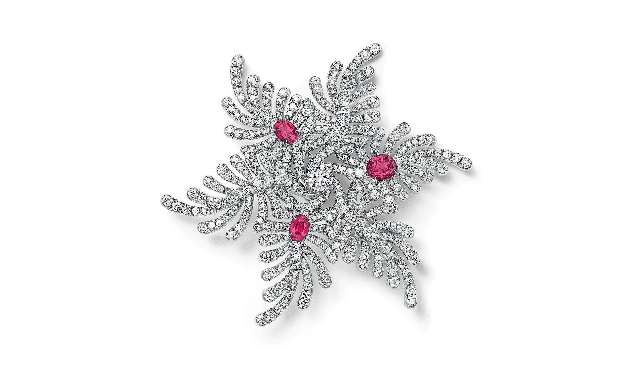 <p>Tiffany &amp; Co. Blue Book Hidden Garden Palm brooch in platinum with three unenhanced, oval rubies of 1.79ct and diamonds</p>
