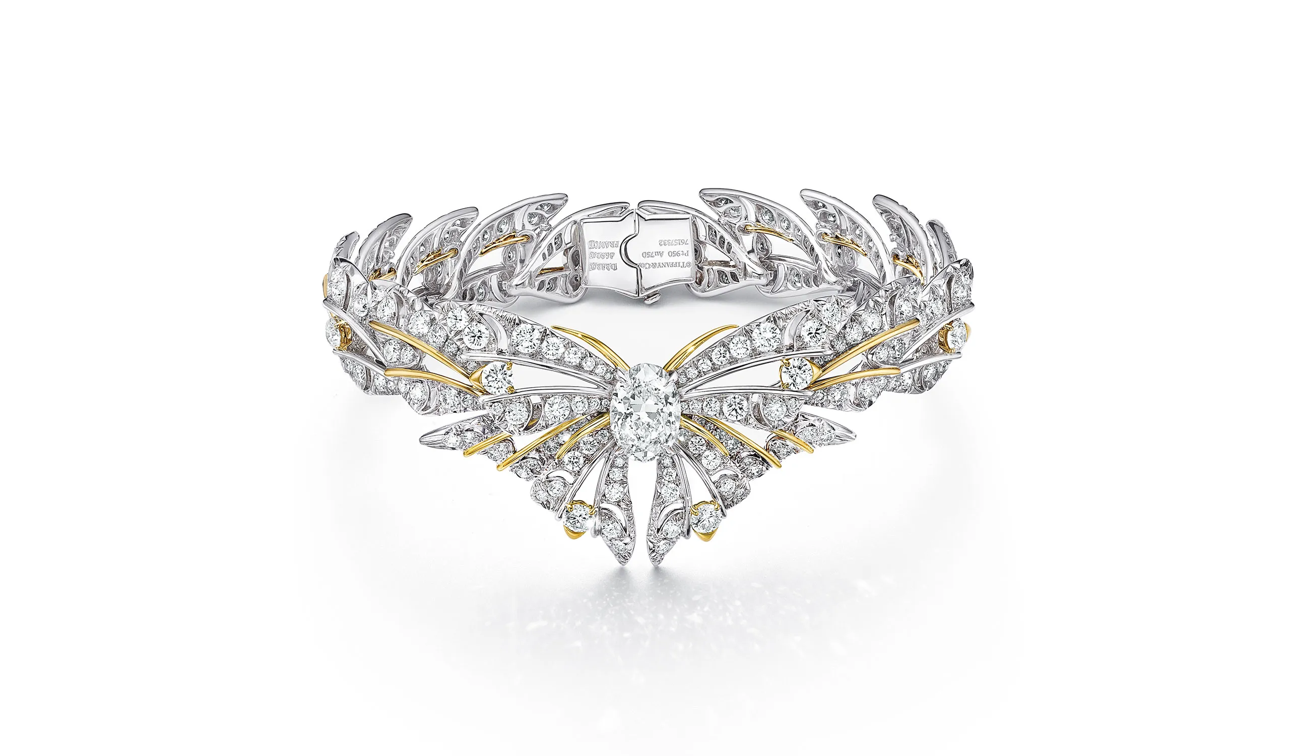<p>Tiffany &amp; Co. Blue Book Hidden Garden bracelet in platinum and 18k yellow gold with a 2.12ct oval diamond and diamond accents</p>
