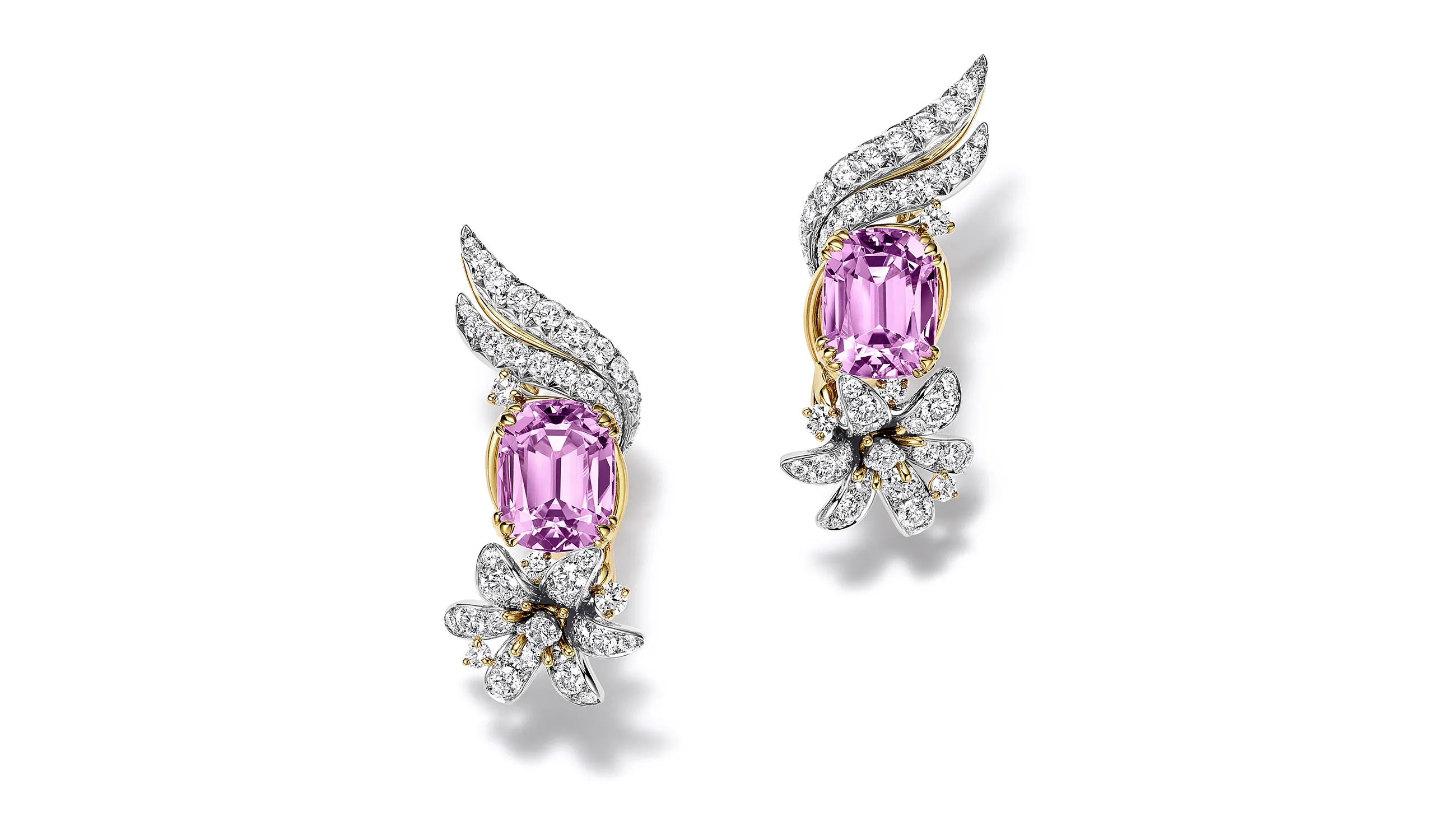 <p>Tiffany &amp; Co. Blue Book Hidden Garden Jasmine earrings in platinum and 18k yellow gold with two cushion-cut kunzites of 13.39ct and diamonds</p>
