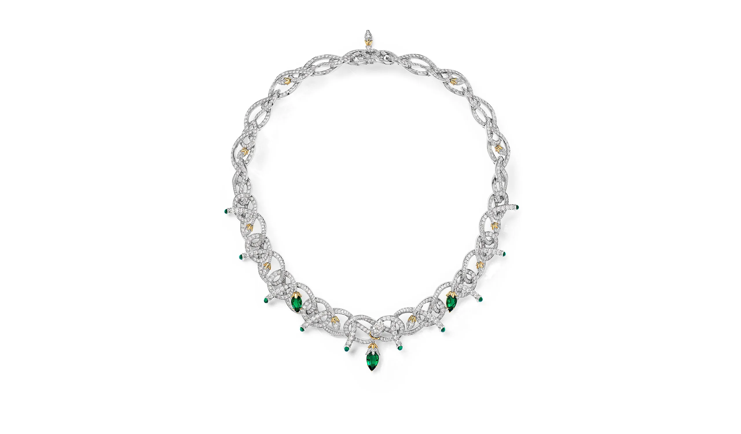 <p>Tiffany &amp; Co. Blue Book Hidden Garden Twin Bud necklace in platinum and 18k yellow gold with three unenhanced pear-shaped emeralds of 3.97ct, oval cabochon emerald accents and diamonds</p>
