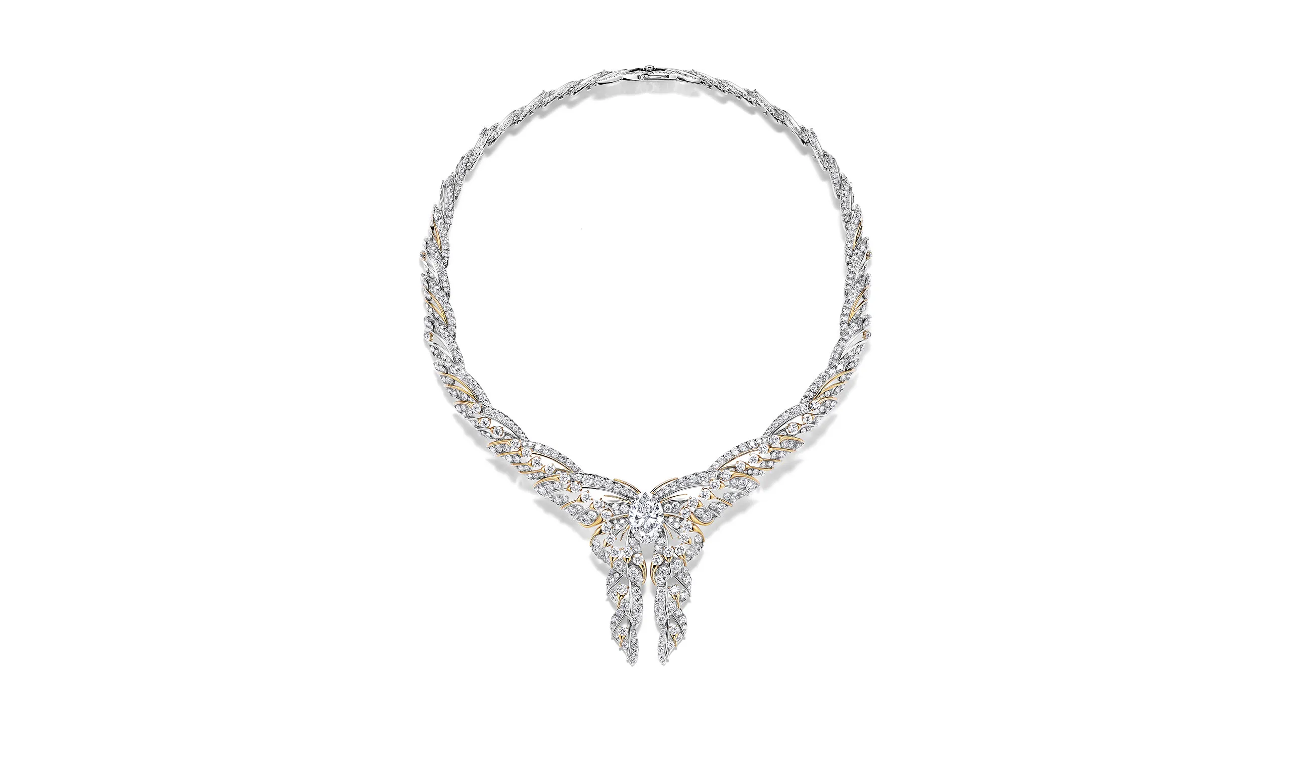 <p>Tiffany &amp; Co. Blue Book Hidden Garden Butterfly necklace in platinum and 18k yellow gold with a 7.02ct oval diamond and diamond accents</p>

