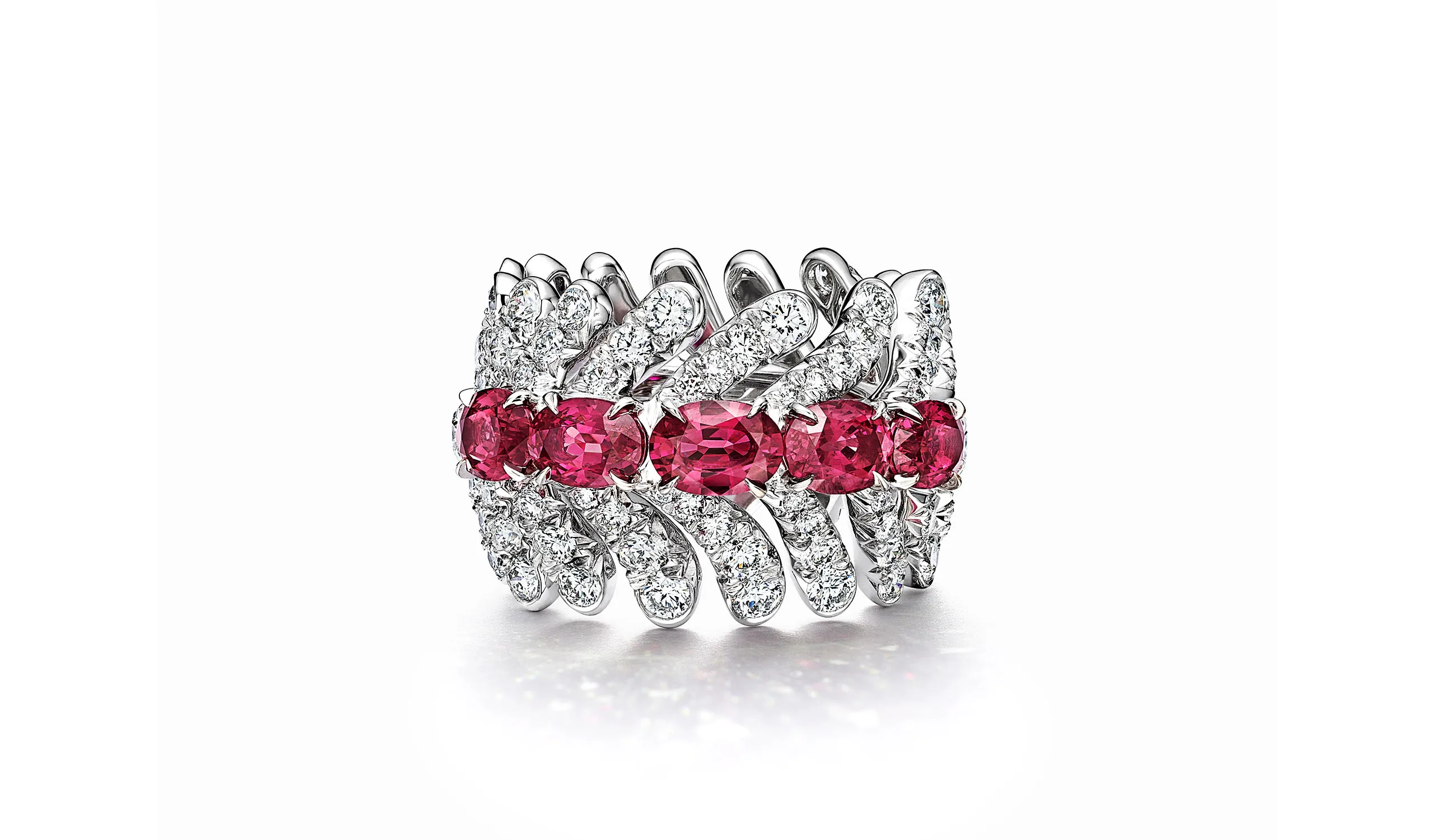 <p>Tiffany &amp; Co. Blue Book Hidden Garden Palm ring in platinum with five unenhanced, oval rubies of 2.67ct and diamonds</p>
