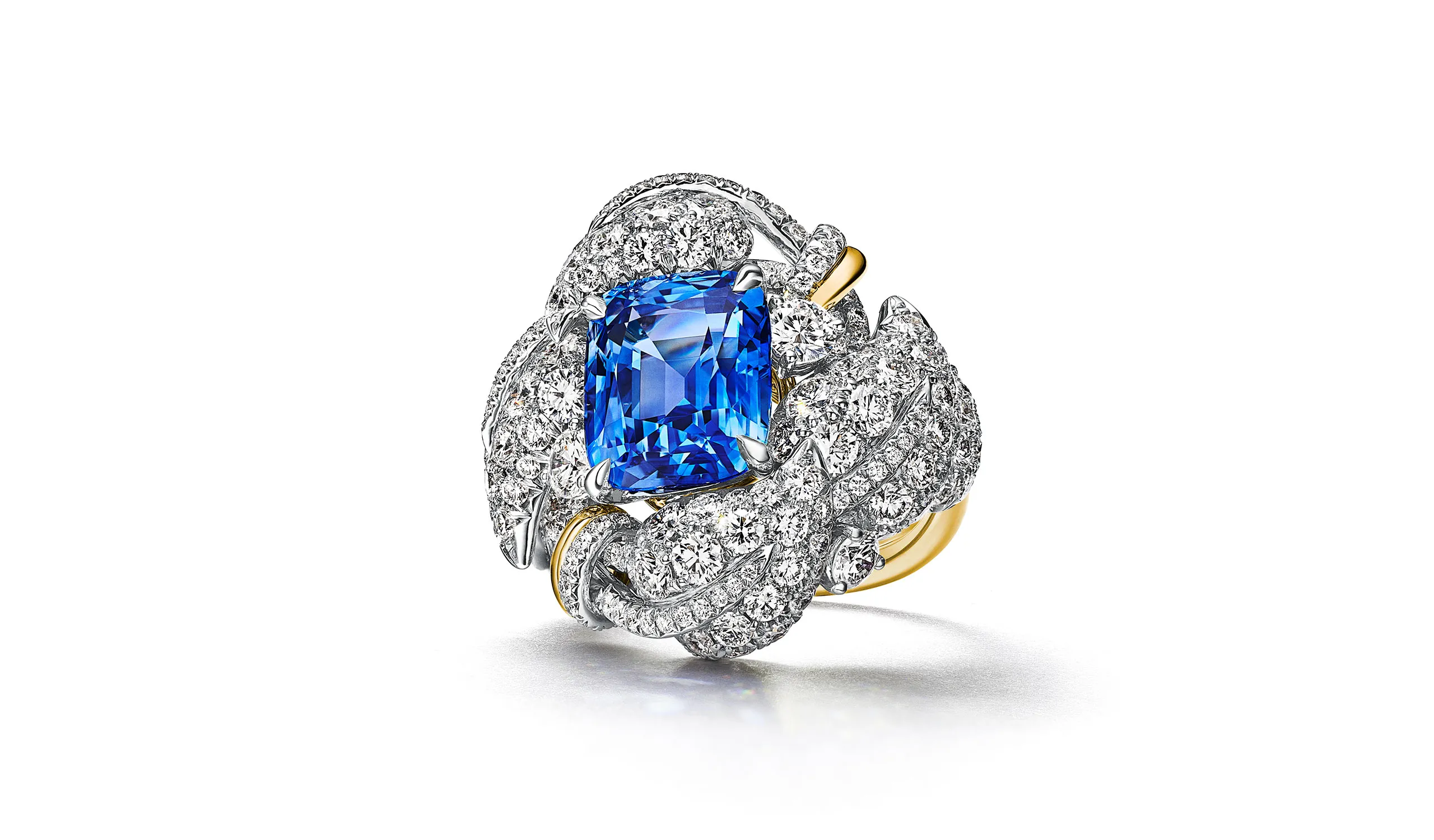 <p>Tiffany &amp; Co. Blue Book Hidden Garden Monarch ring in platinum and 18k yellow gold with a 6.29ct unenhanced cushion-cut Sri Lankan sapphire and diamonds</p>
