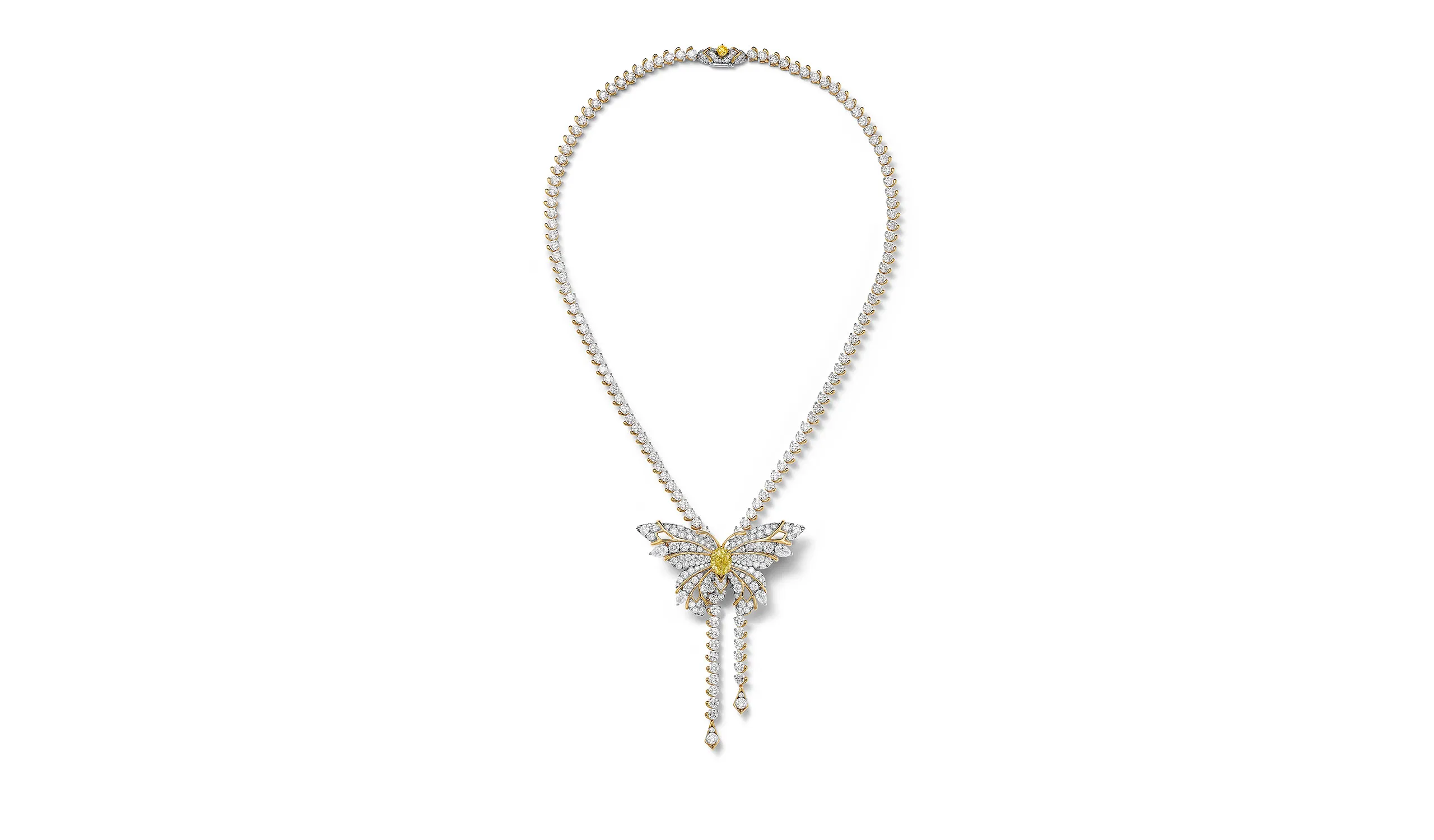 <p>Tiffany &amp; Co. Blue Book Hidden Garden transformable Butterfly pendant in platinum and 18k yellow gold with a 2.18ct internally flawless, oval Fancy Vivid Yellow diamond, a round yellow diamond and white diamonds. The pendant can be worn as a brooch</p>
