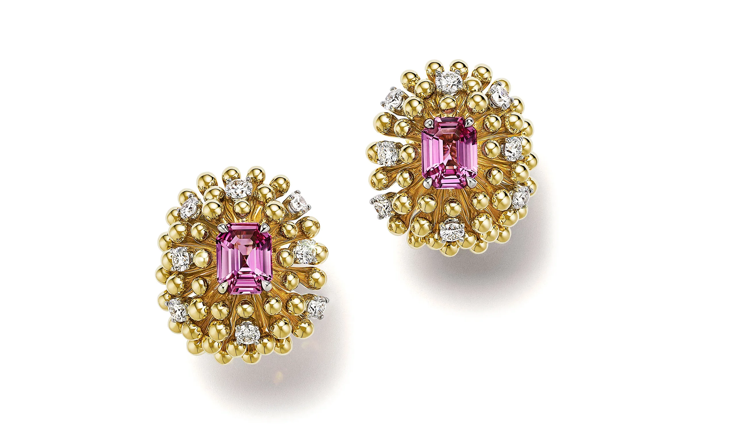 <p>Tiffany &amp; Co. Blue Book Hidden Garden Bloom earrings in platinum and 18k yellow gold with two unenhanced emerald-cut pink sapphires of<br />
4.31ct and diamonds</p>
