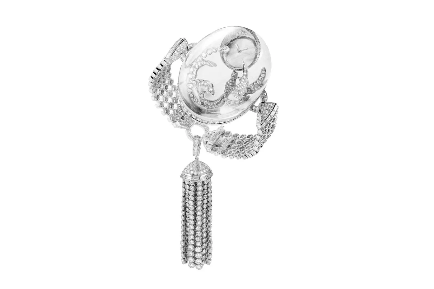 <p>A three-dimensional rock crystal dome, carved from a solid piece of rock crystal, is a window into Boucheron&#8217;s extraordinary Cristal de Lune jewellery watch, which will be appearing at the Biennale des Antiquaires in Paris this autumn</p>
