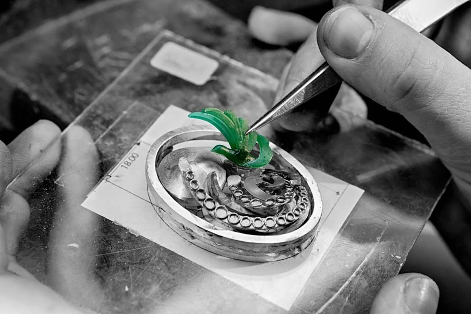 <p>A three-dimensional prototype of the Paon de Lune &#8211; or moon peacock &#8211; is put in place to ensure the perfect fit before it is crafted in white gold</p>
