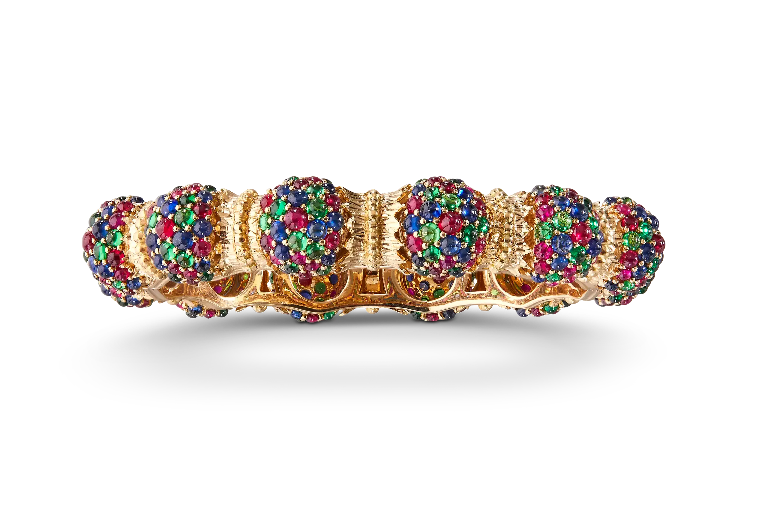Buccellati’s Muse bracelet reworks the house’s Caviar motif in rubies, sapphires and tsavorites, turning its signature granulated texture into a vivid field of colour.