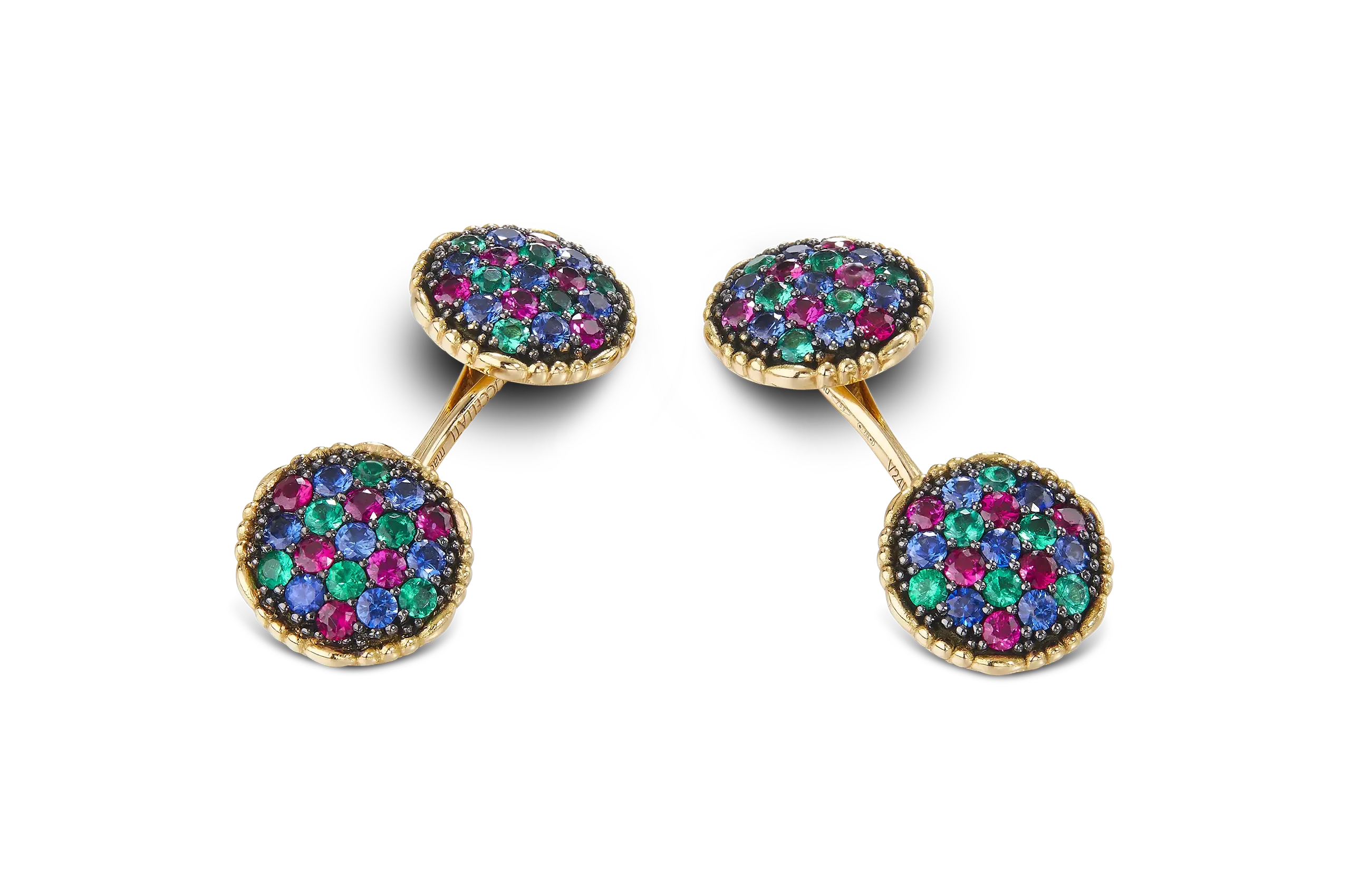 Buccellati’s Muse cufflinks translate the Caviar motif into compact discs of colour, set with rubies, sapphires and tsavorites.