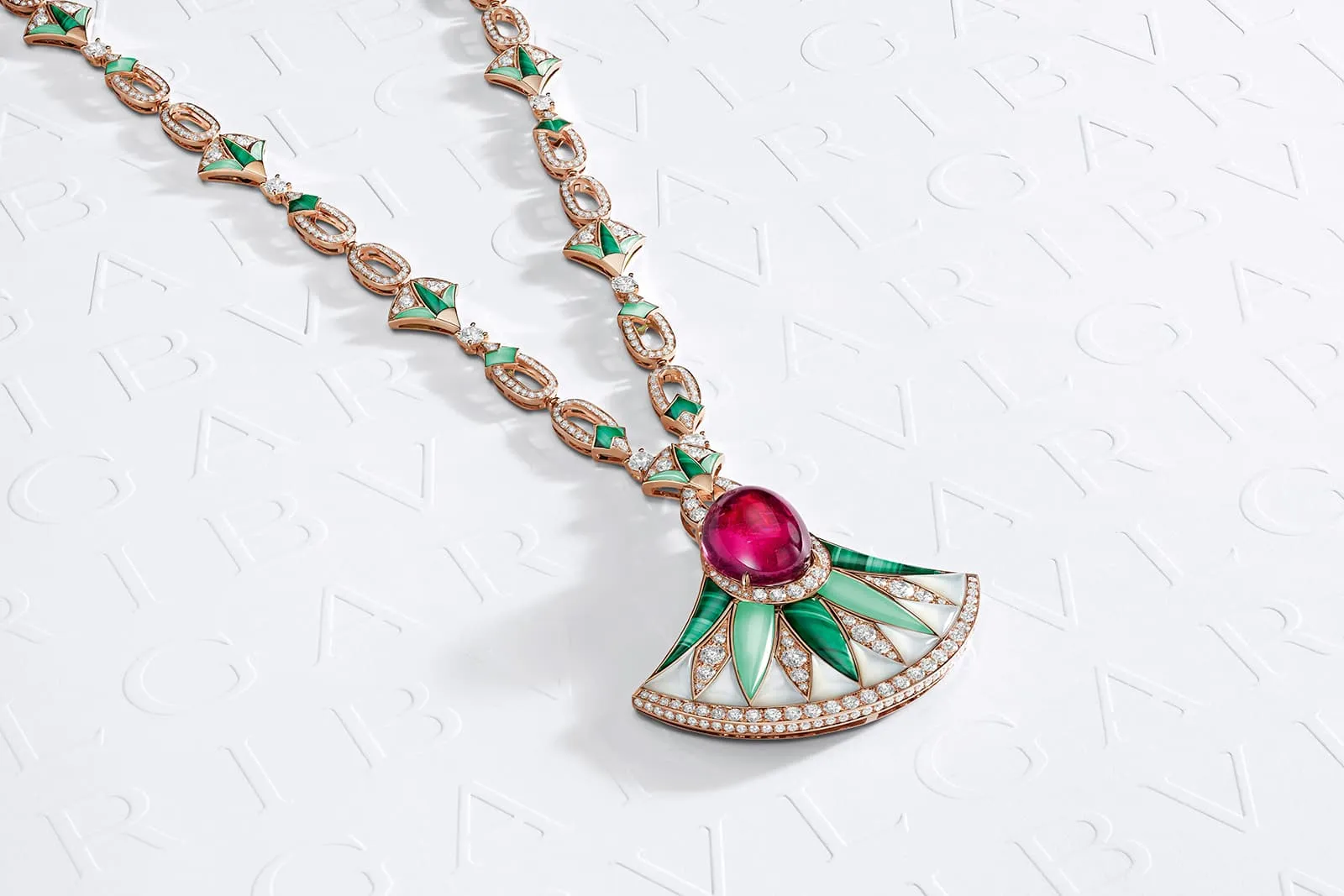<p>Bulgari Magnifica Flower Fantasy High Jewellery necklace with mother of pearl, chrysoprase, malachite, diamonds and a 29.77 carat rubellite cabochon</p>