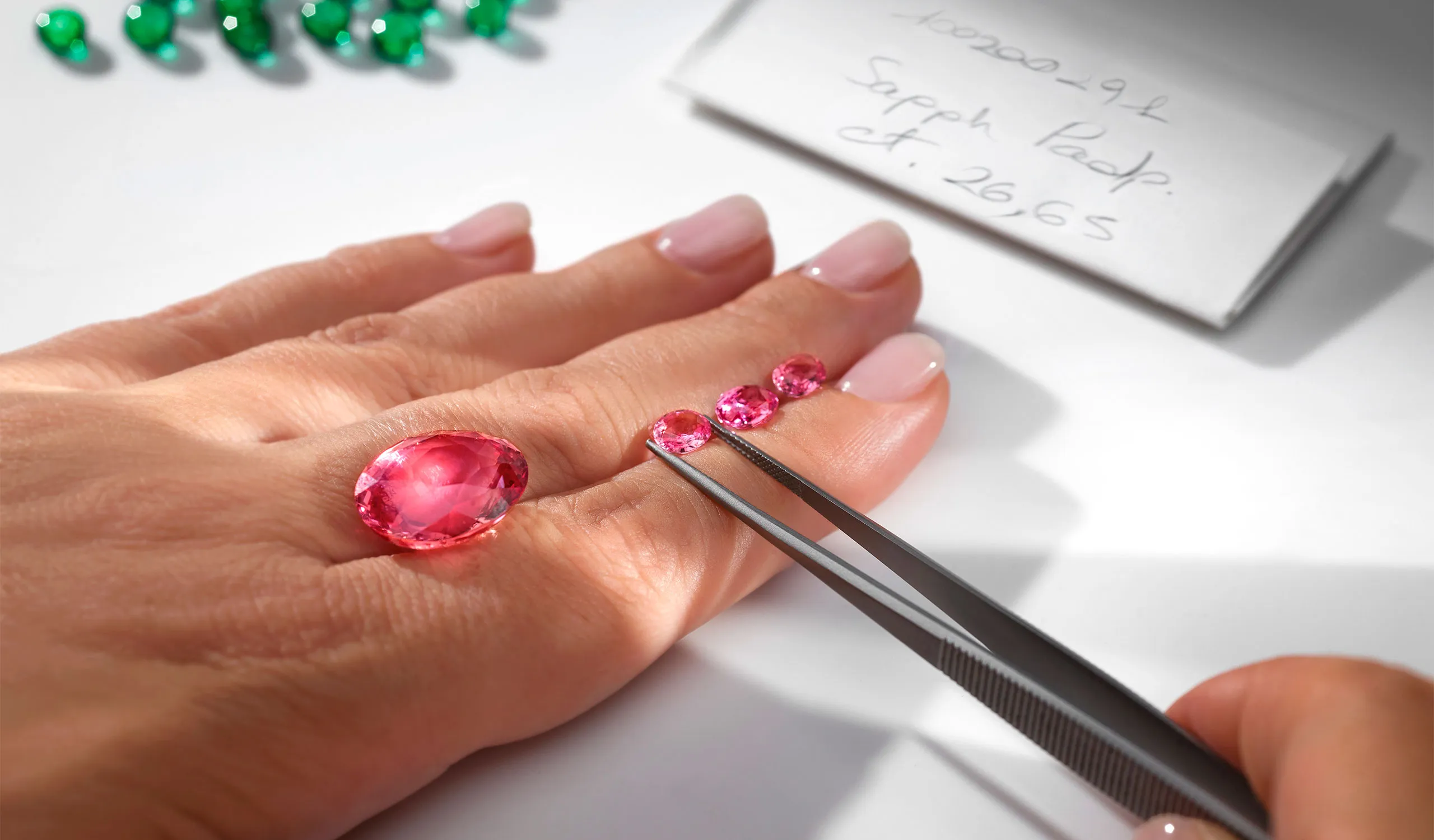 <p>Examining the Padparadscha sapphires – more than 30 carats – that are the focal point of the Eclettica Secret Garden high jewellery necklace</p>
