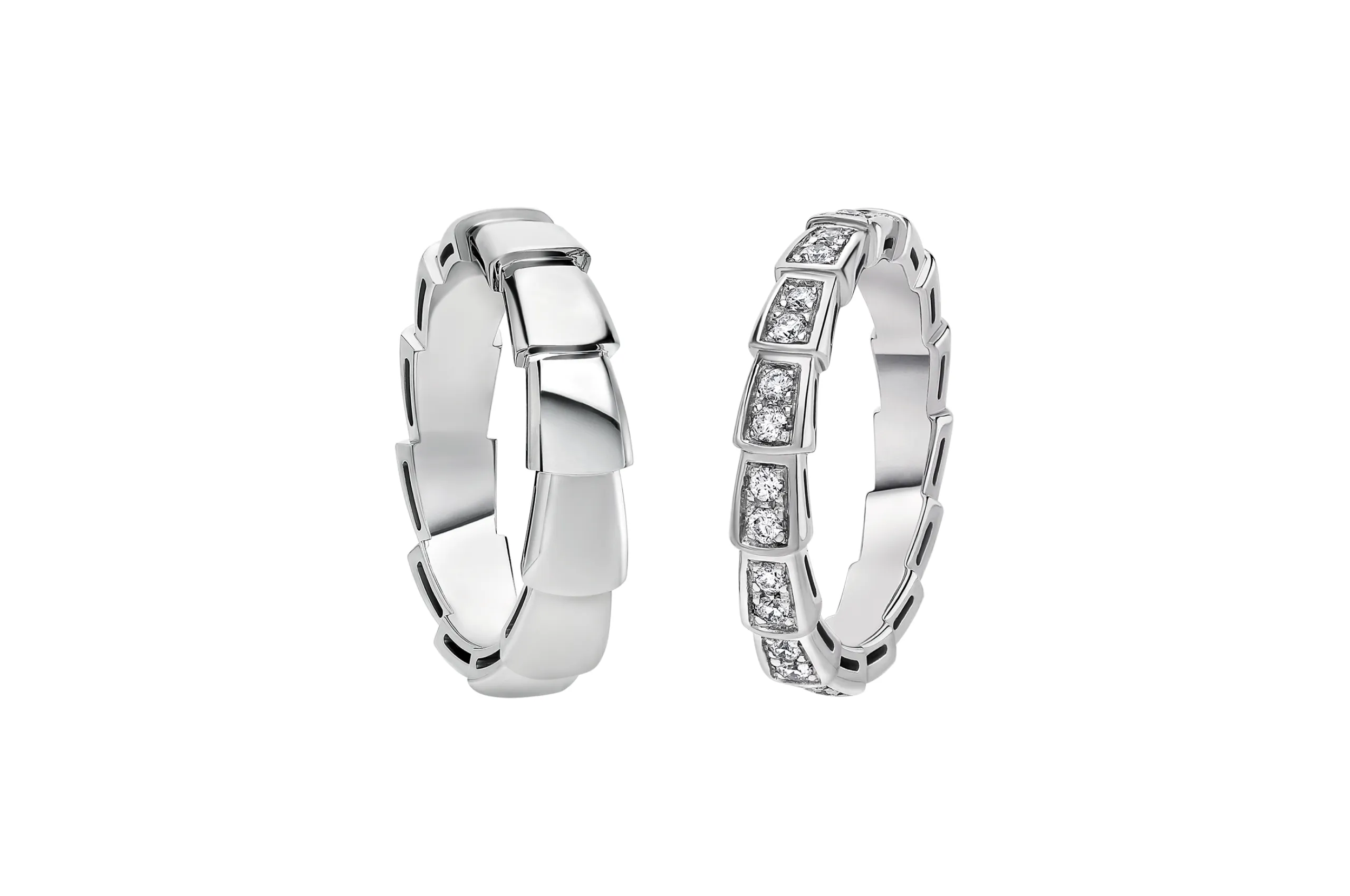 <p>Bvlgari Serpenti Viper couples’ rings in 18K white gold, one with diamonds, one without. </p>