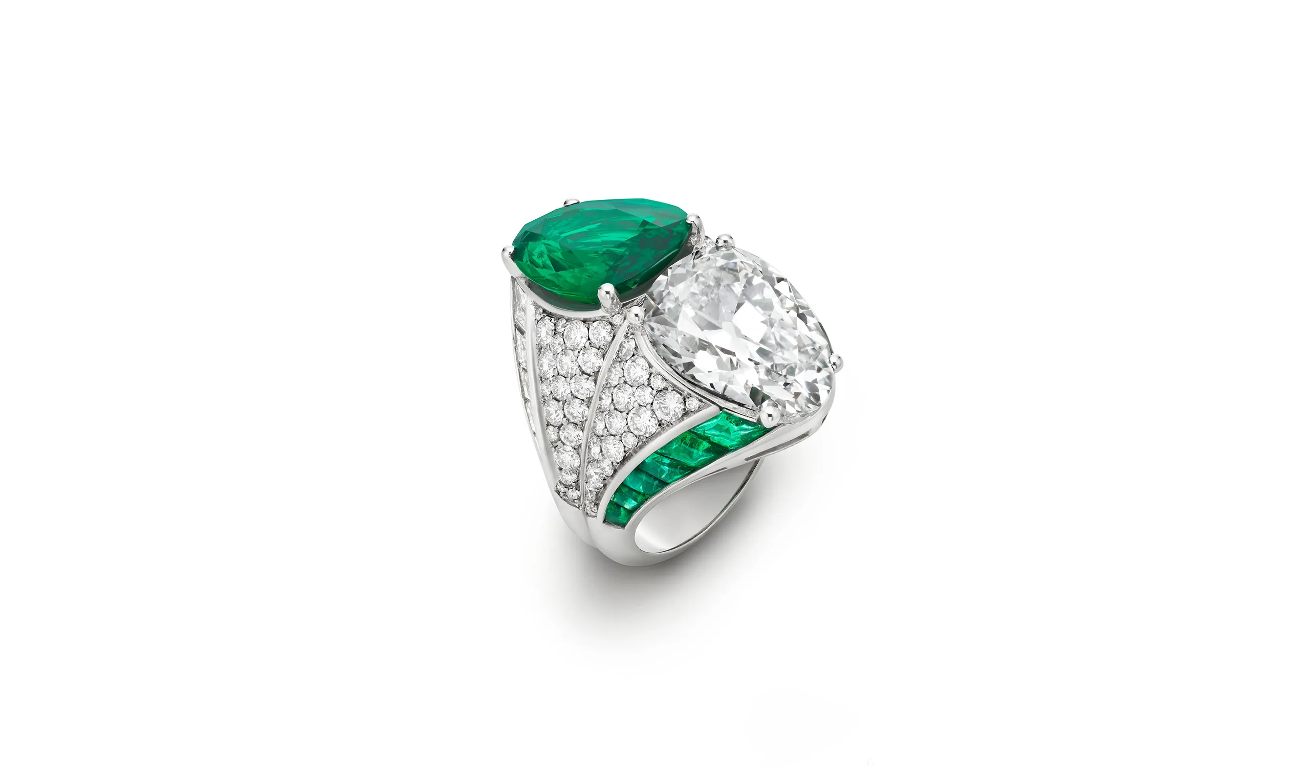<p>The Eclettica Incontro Segreto high jewellery ring, set with two exceptional pear shape stones: a 7.85ct diamond and a 5.42ct emerald. Its name translates as “secret meeting”</p>
