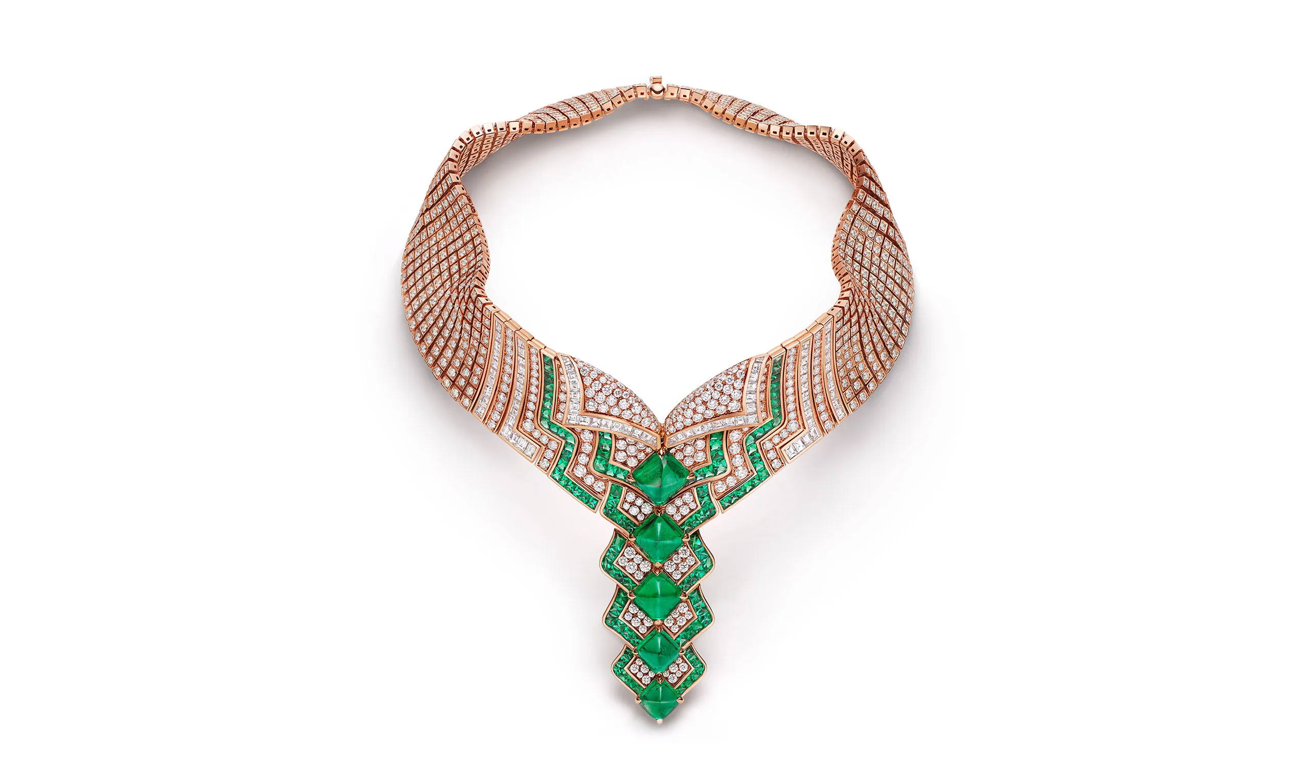 <p>The Eclettica Emerald Strata high jewellery necklace, set with five sugarloaf emeralds from Zambia totalling 26.05ct, step-cut diamonds, buff-top emeralds and pavé-set diamonds</p>
