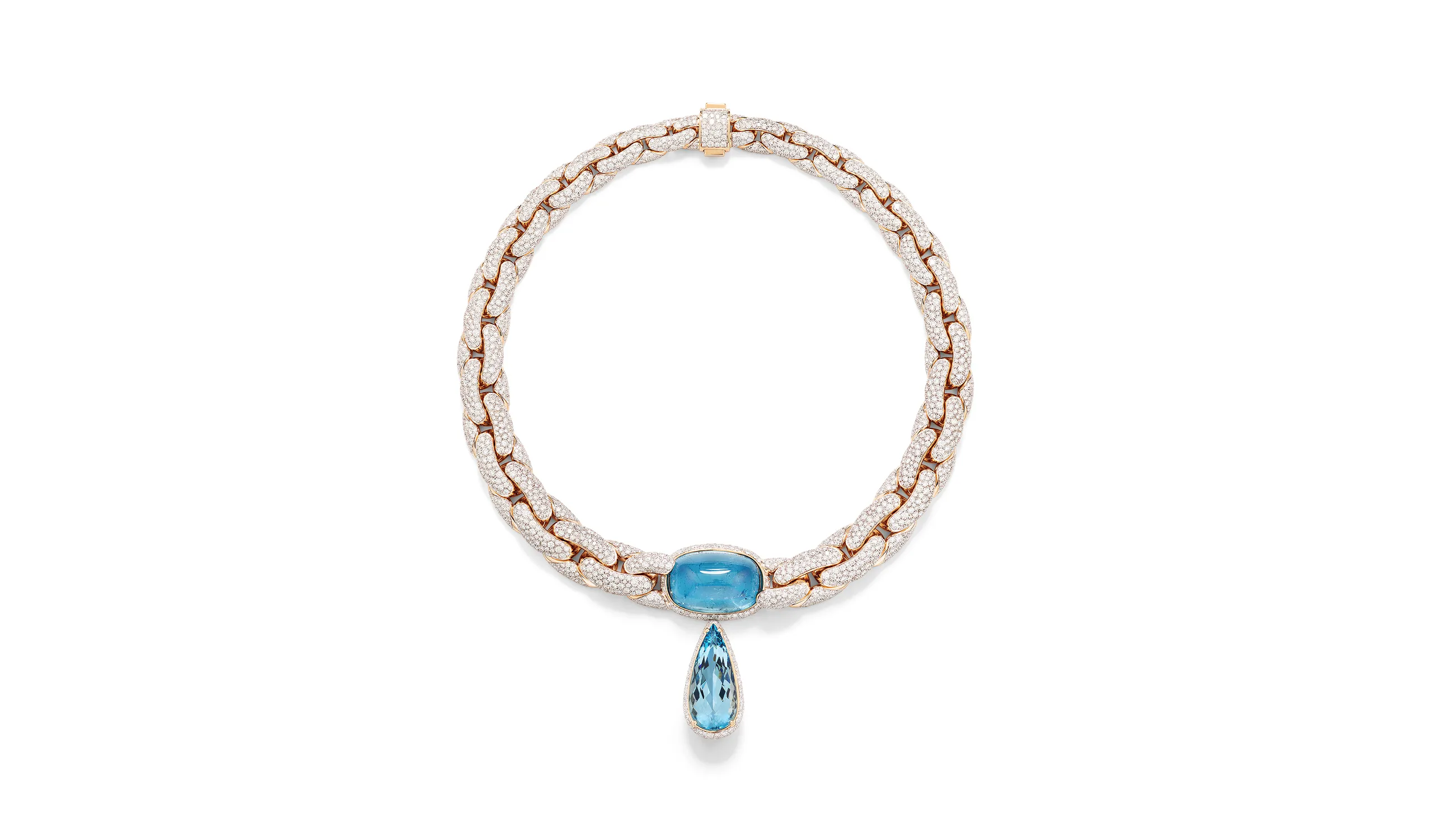 <p>Pomellato Aquamarine Dream necklace with a 37.98-carat aquamarine cabochon and a pear-shaped aquamarine drop of 15.95 carats, part of the ‘Collezione 1967’ High Jewellery collection</p>