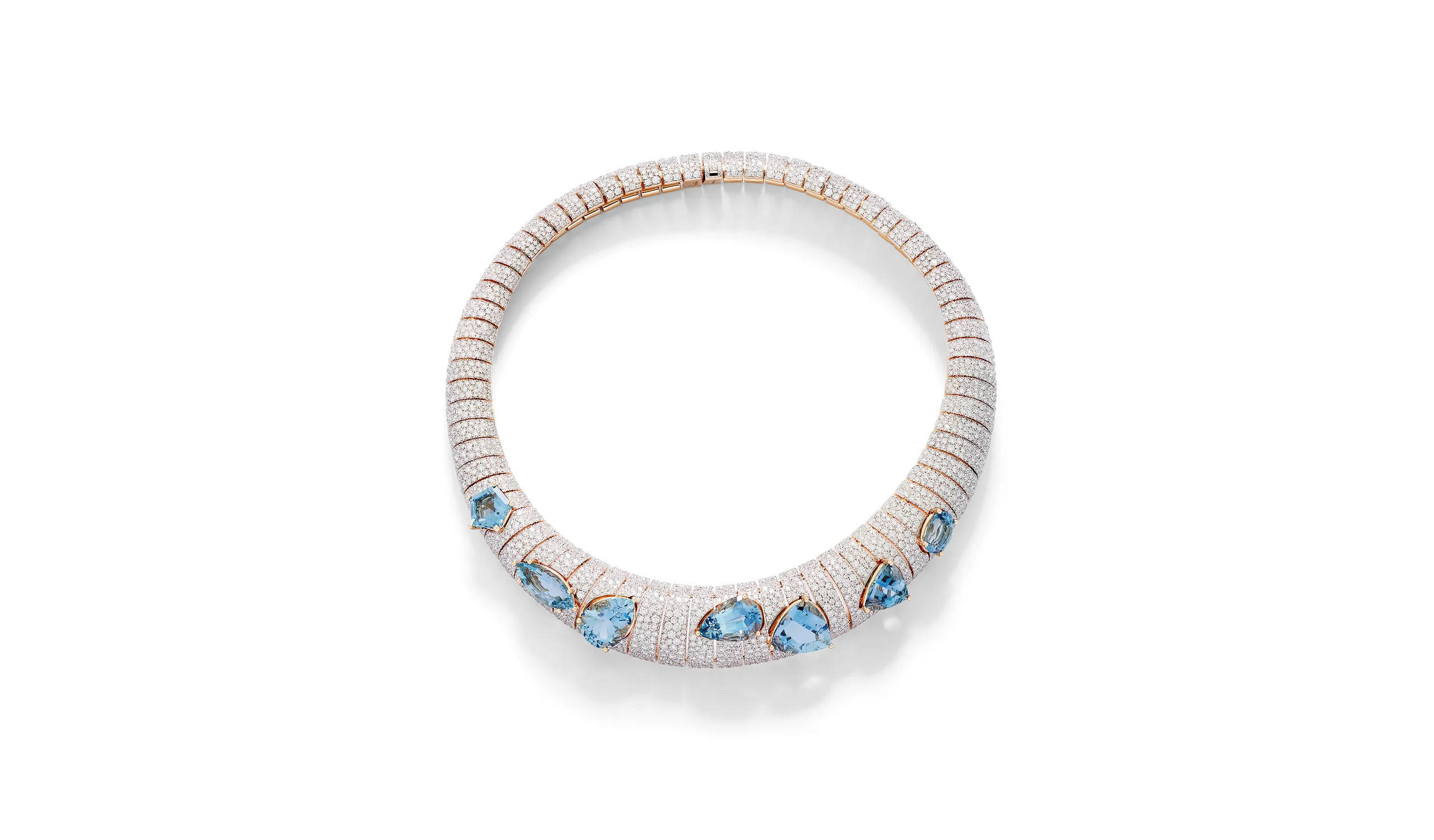 <p>Pomellato Asimmetrico necklace with aquamarines and pavé-set diamonds, from the ‘Collezione 1967’ High Jewellery collection</p>