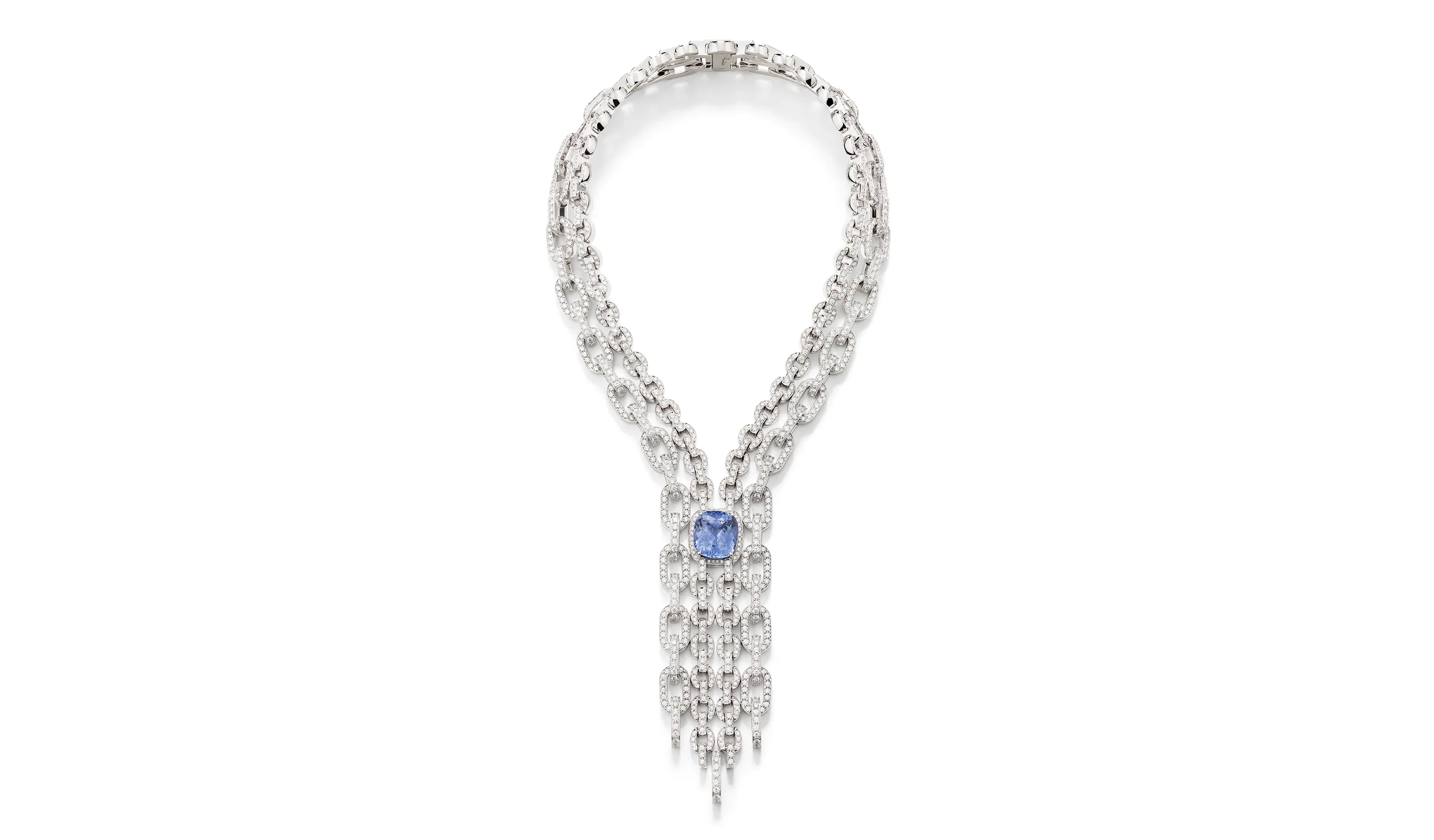 <p>Pomellato Blue Chain Cascade necklace with round and oval-shaped links leading to a 22.23 carat Ceylon sapphire, part of the ‘Collezione 1967’ High Jewellery collection</p>