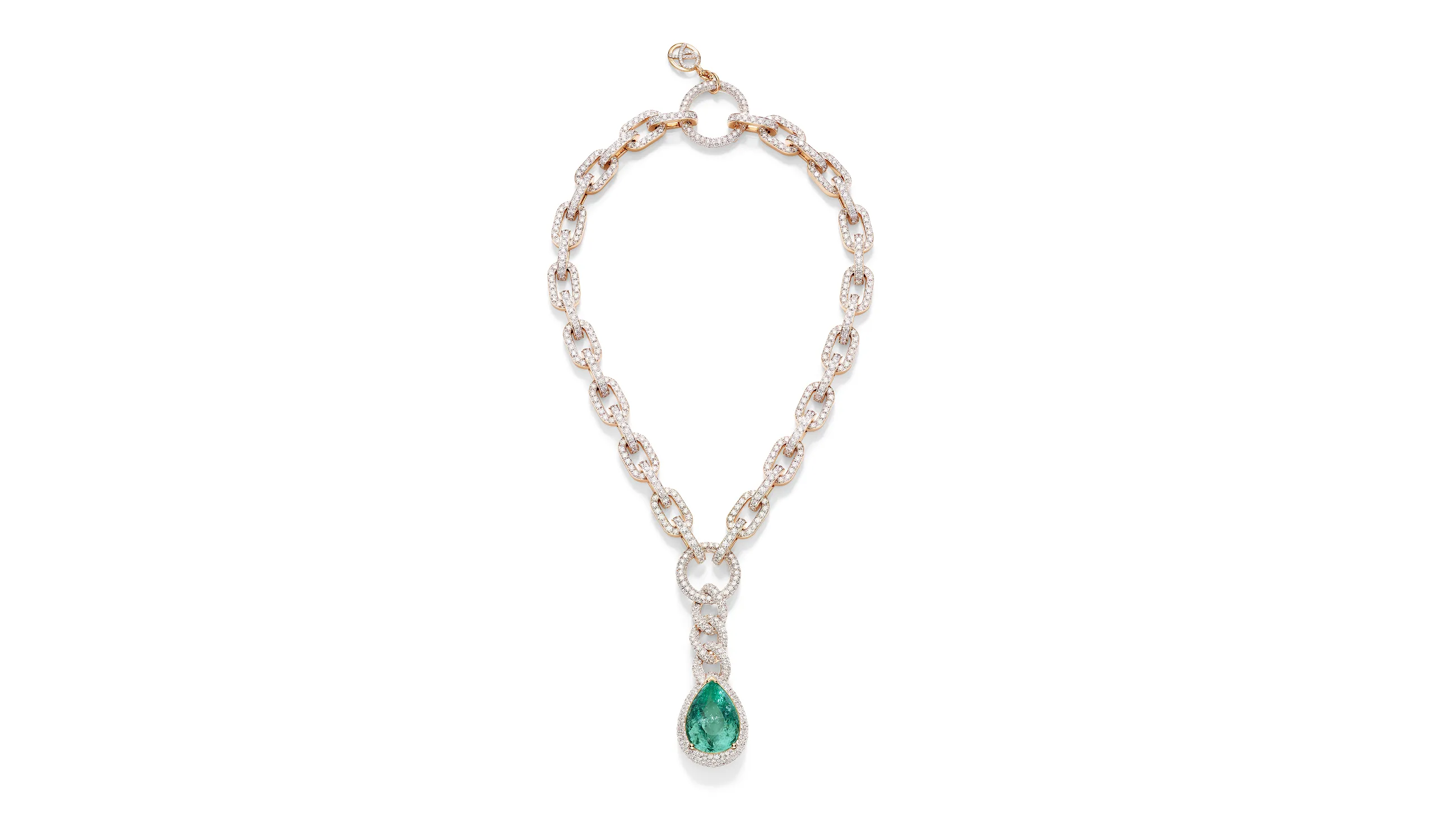 <p>Pomellato Chain Drop necklace with a pear-shaped Paraiba tourmaline and diamonds, part of the 1970s-inspired chapter of the ‘Collezione 1967’ High Jewellery collection</p>