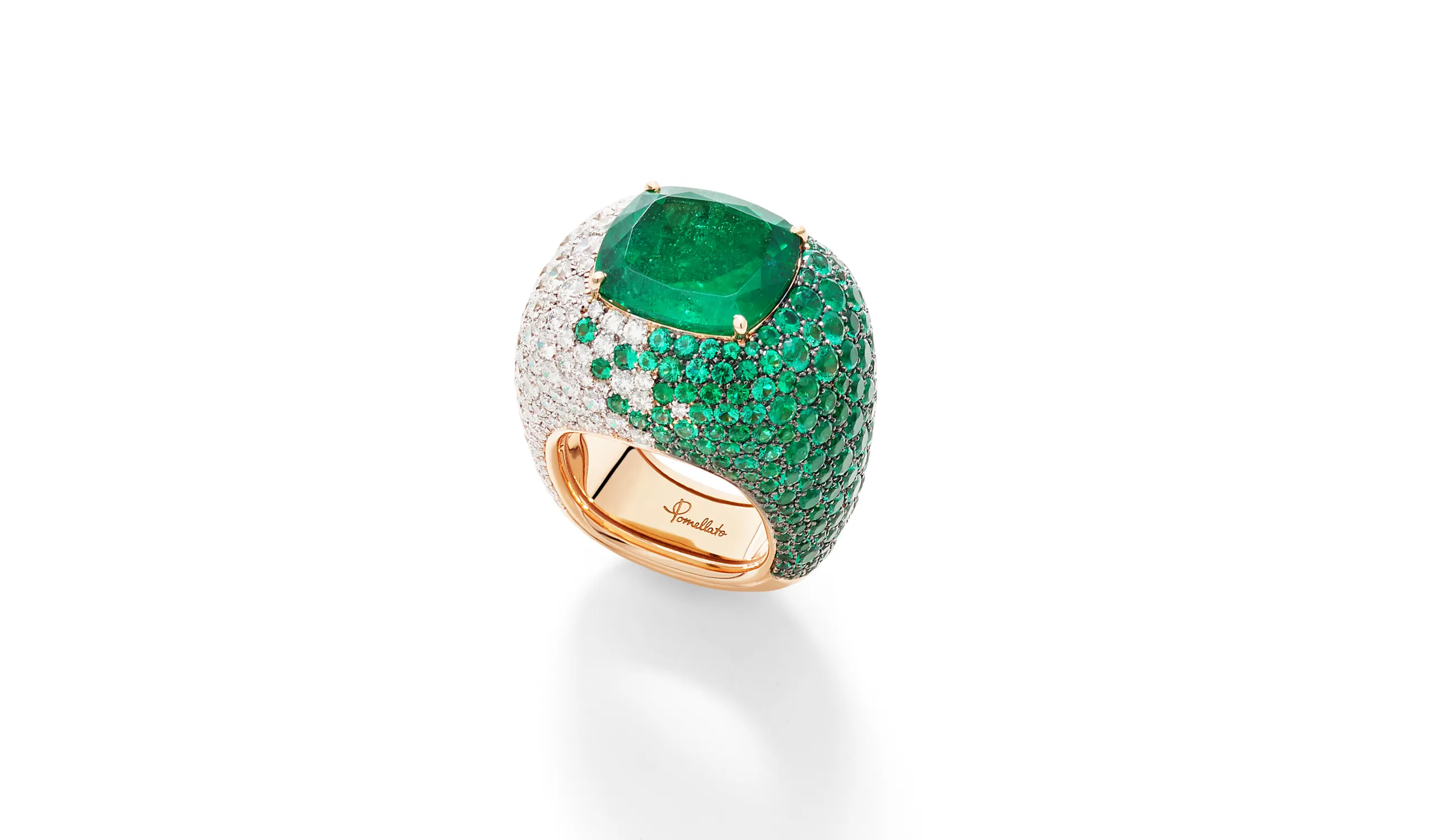 <p>Pomellato Iconica Extreme ring with a 12.27-carat cushion-cut emerald, enhanced with further emeralds and diamonds in a pavé setting, part of the &#8216;Collezione 1967&#8217; High Jewellery collection</p>

