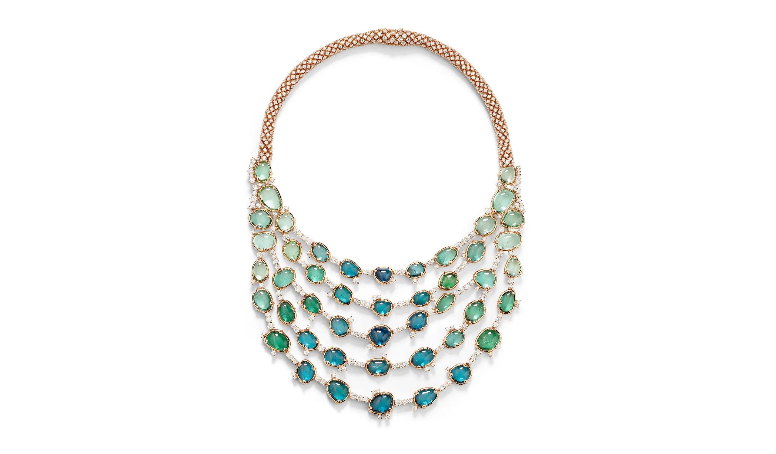 <p>Pomellato Lagoon Bavarole necklace with 47 irregular cut green tourmalines on a diamond pavé-set rope chain, part of the ‘Collezione 1967’ High Jewellery collection</p>