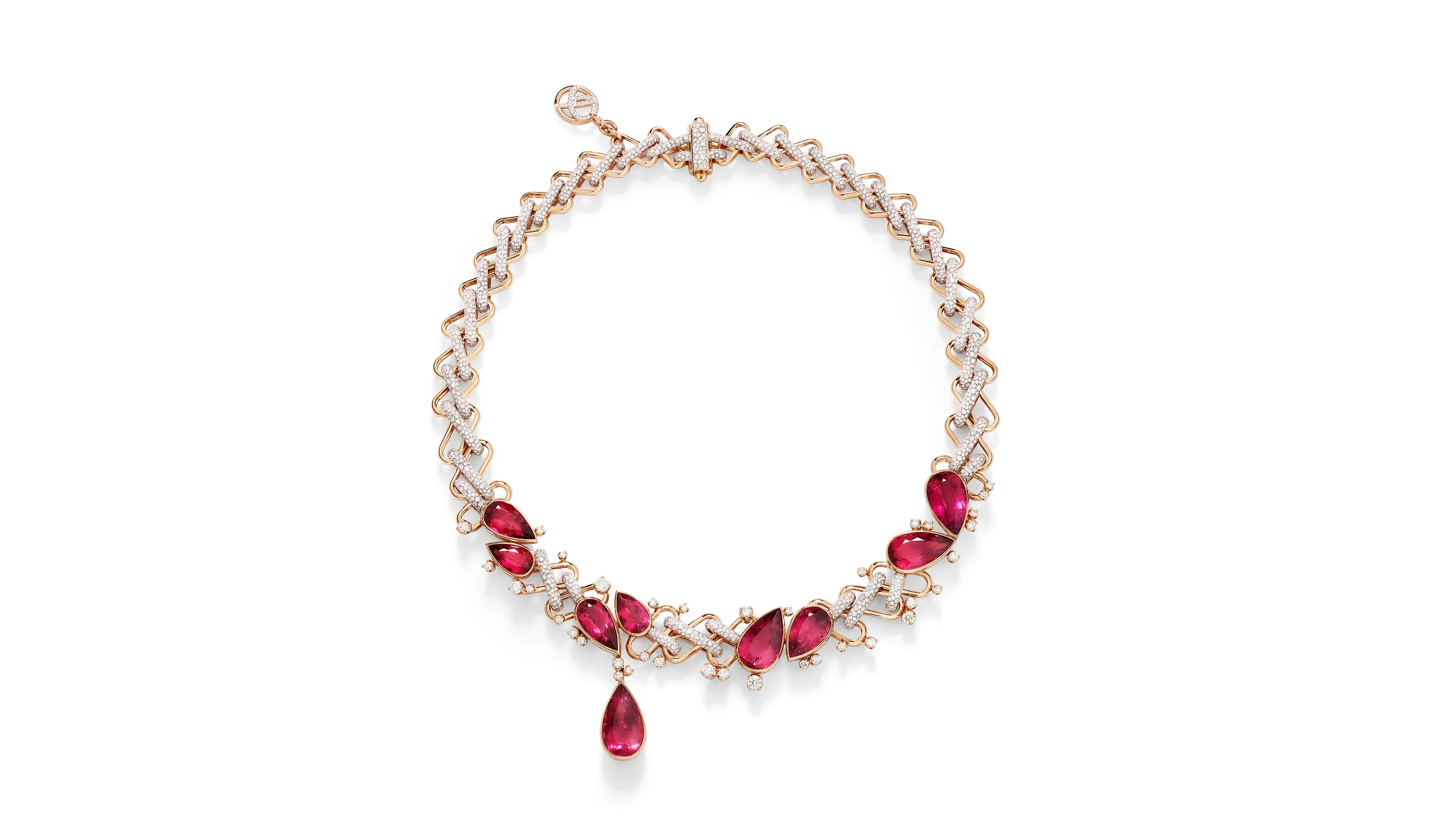 <p>Pomellato Riviere Zigzag necklace with 50.85 carats of pear-shaped rubellites and diamonds, part of the 1980s-inspired chapter of the ‘Collezione 1967’ High Jewellery collection</p>
