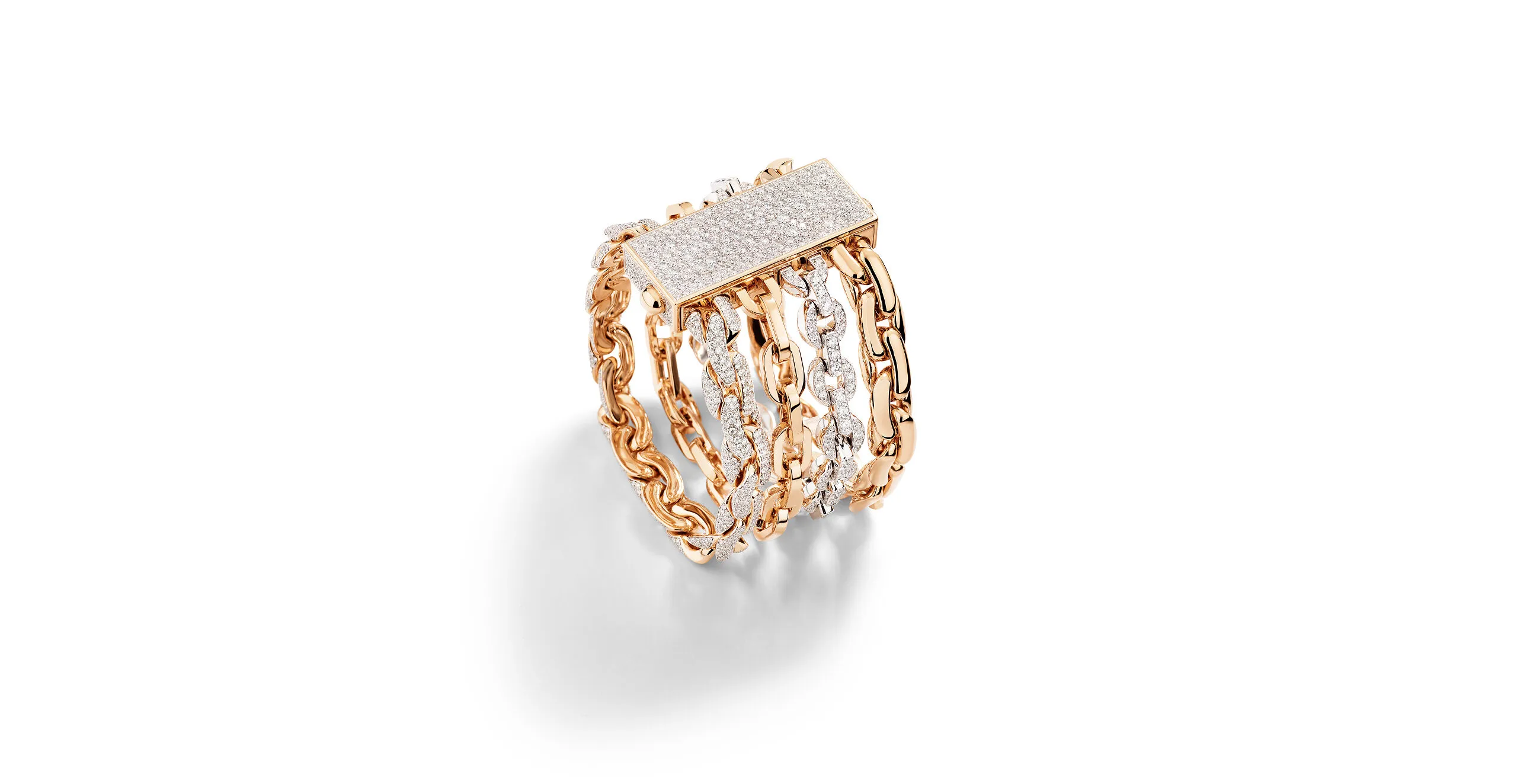 <p>Pomellato The Art of Chains bracelet with four distinctive chains in rose gold, white gold and pavé-set diamonds, part of the ‘Collezione 1967’ High Jewellery collection</p>