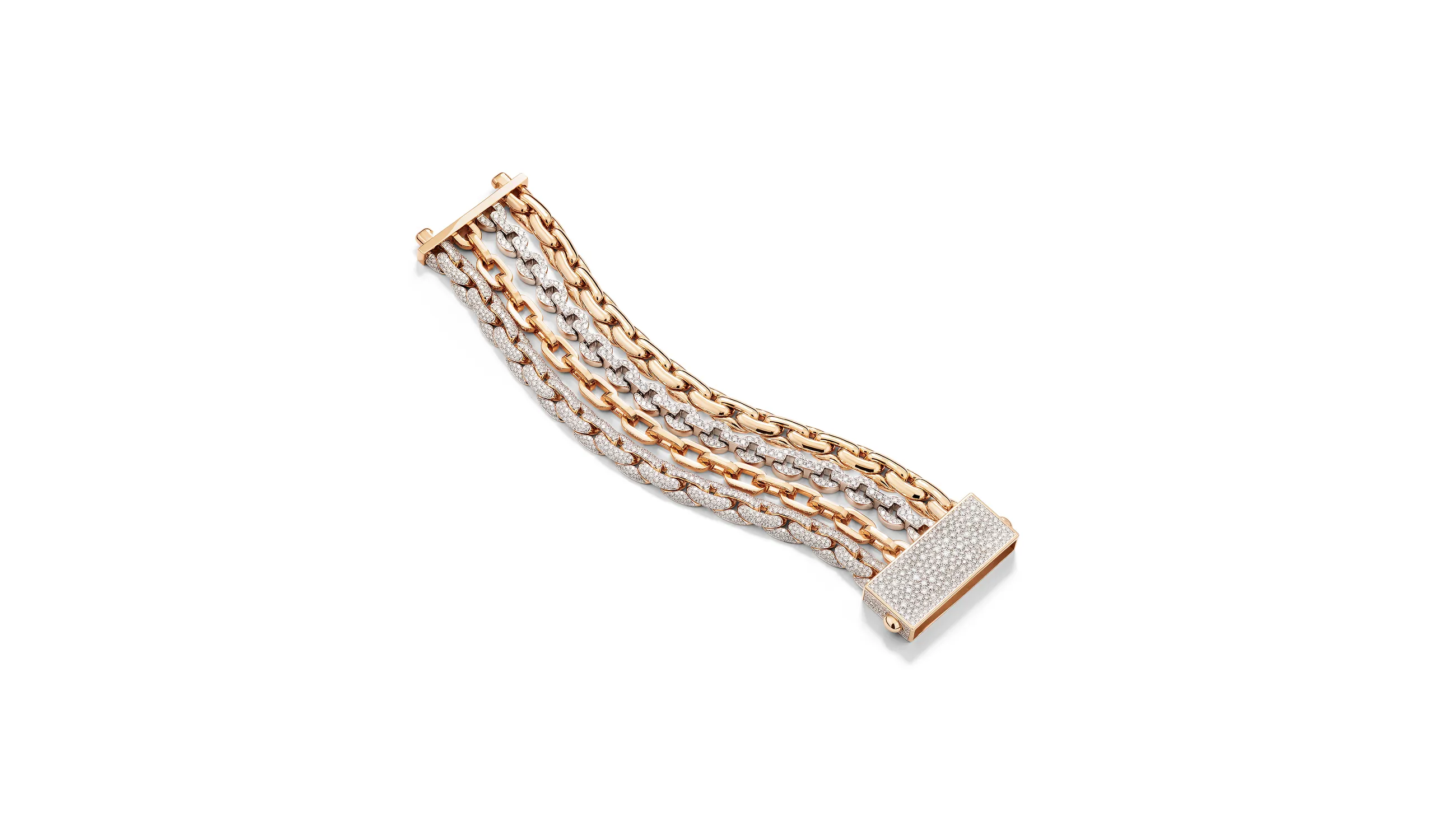 <p>The Art of Chains bracelet incorporates four distinctive chains in rose gold, white gold and pavé-set diamonds, connected by a rectangular-shaped pavé diamond clasp, part of the Pomellato ‘Collezione 1967’ High Jewellery collection</p>